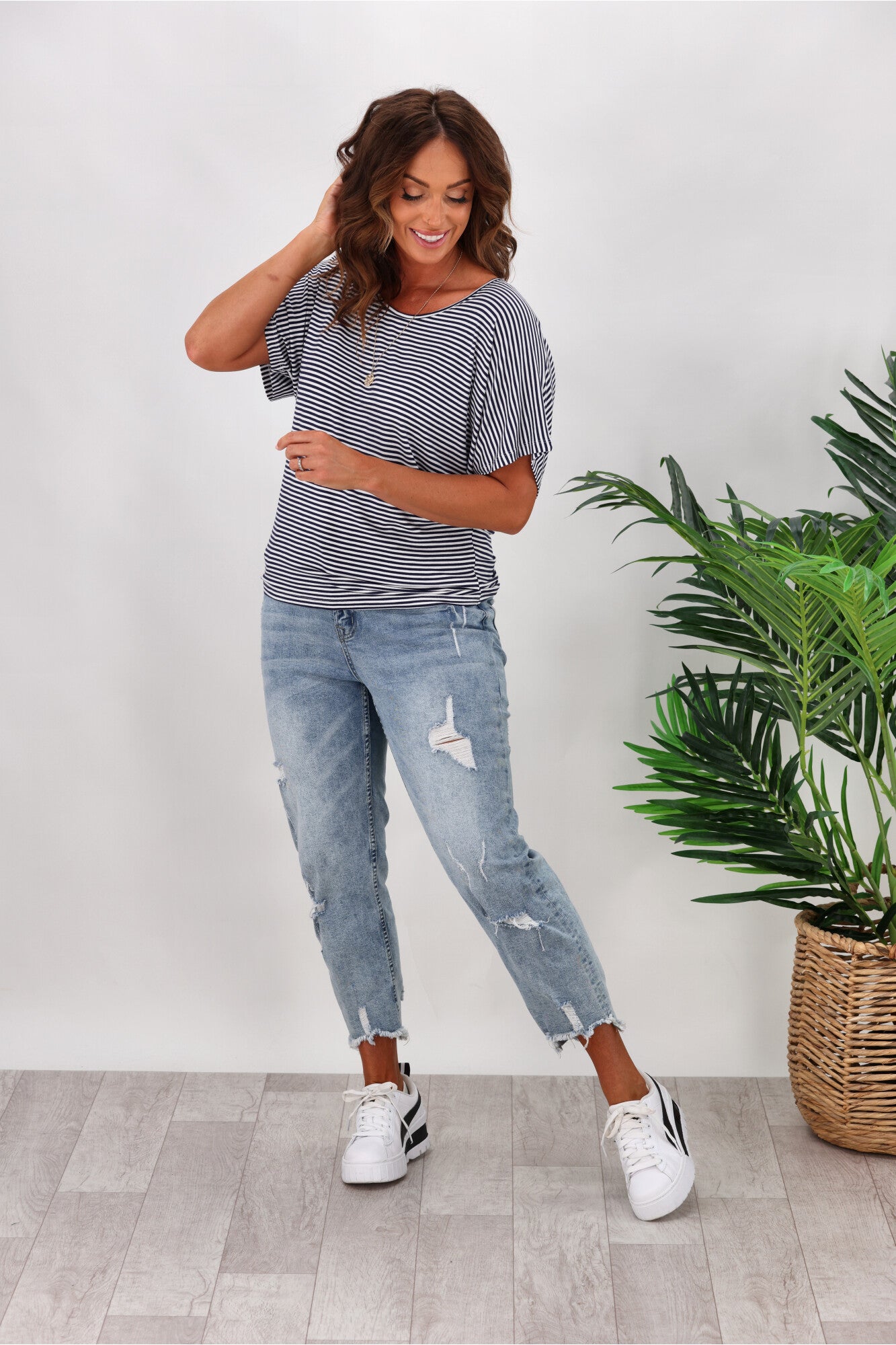 Betty Basics Maui Tee - Soft Cotton Short Sleeve Striped T-Shirt for Women | Blue & White Stripes | Casual Summer Beach Wear & Vacation Outfit