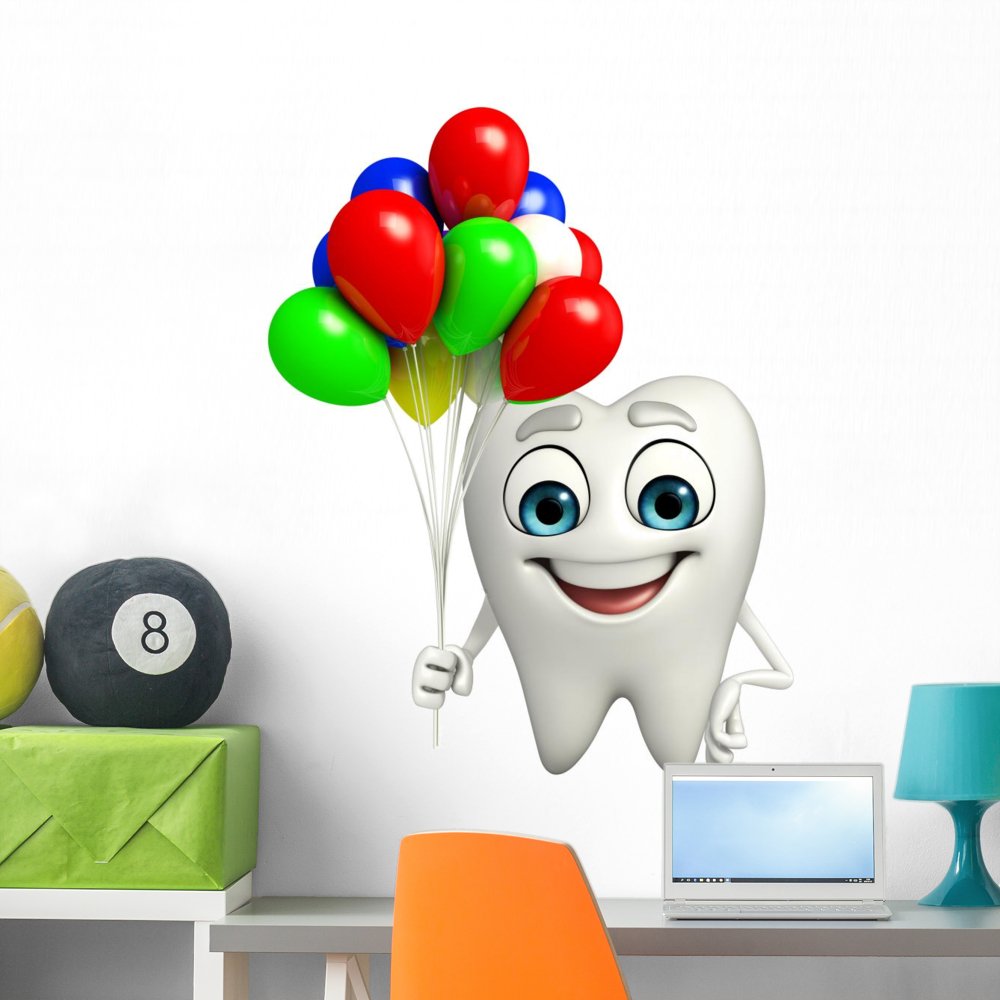 Wallmonkeys Teeth Character with Balloon Peel & Stick Wall Decal - 36x28 Inch Removable Business Graphics - Perfect for Kids' Rooms, Offices & Retail Spaces