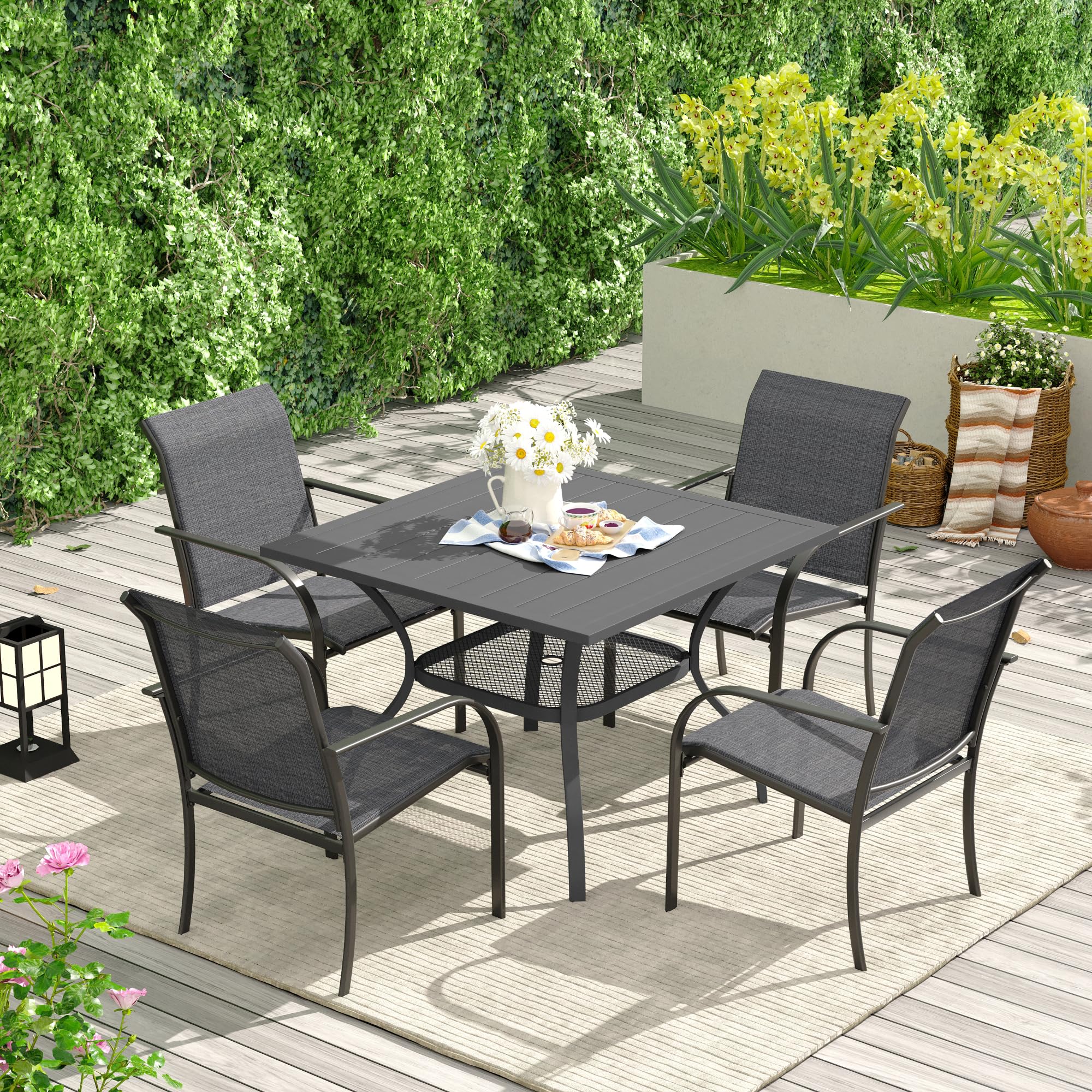 VICLLAX 4-Person Square Metal Outdoor Dining Table with Umbrella Hole & Storage Shelf - Patio, Garden, Lawn, Balcony, Deck Furniture - Dark Grey | Perfect for Backyard BBQs, Poolside Gatherings & Outdoor Entertaining