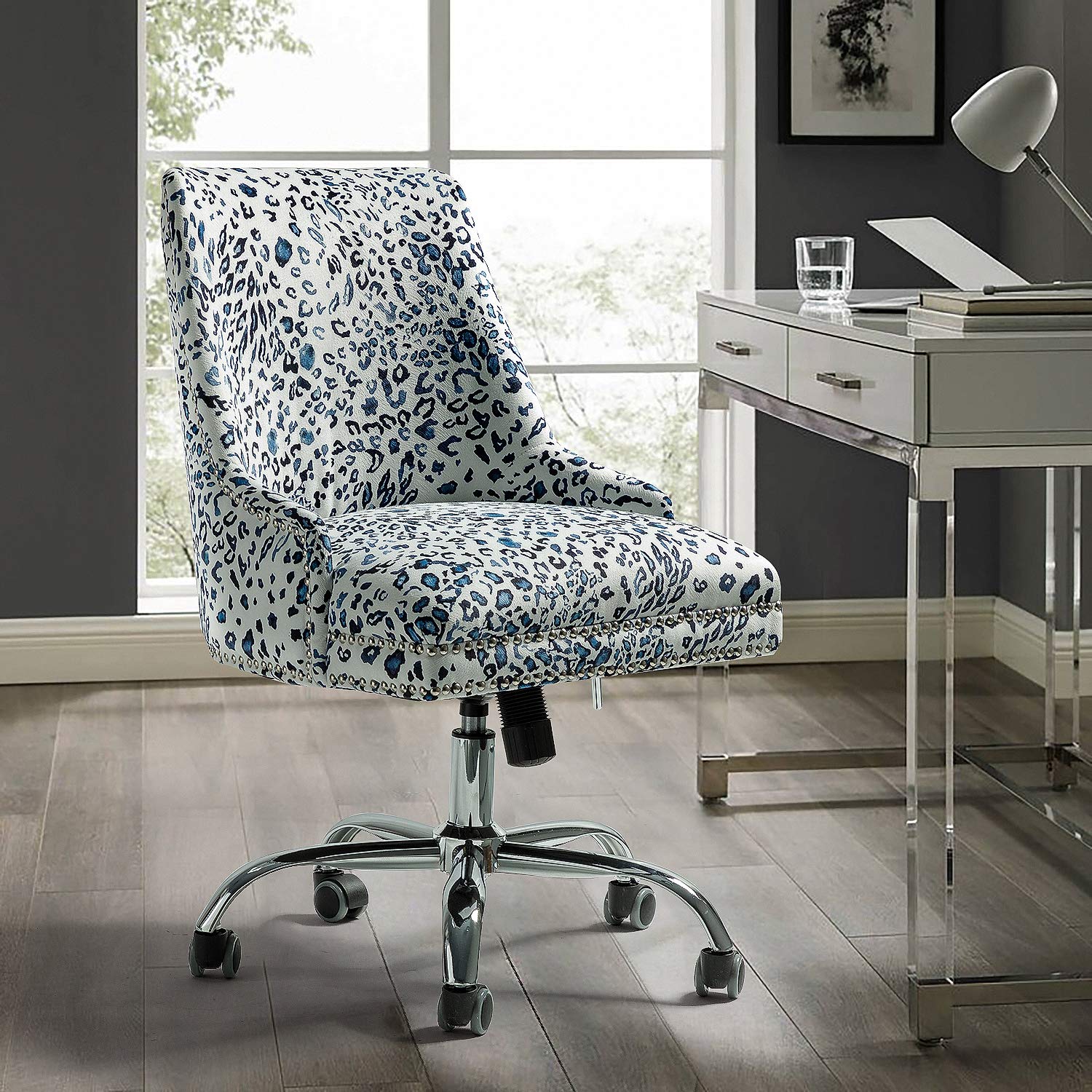 Modern Home Office Chair with Decorative Pattern - Ergonomic Adjustable Swivel Computer Desk Chair with Rolling Wheels, Comfortable Upholstered Vanity Chair for Women (Blue Leopard Print) - Perfect for Home Office, Gaming, Studying & Makeup Station