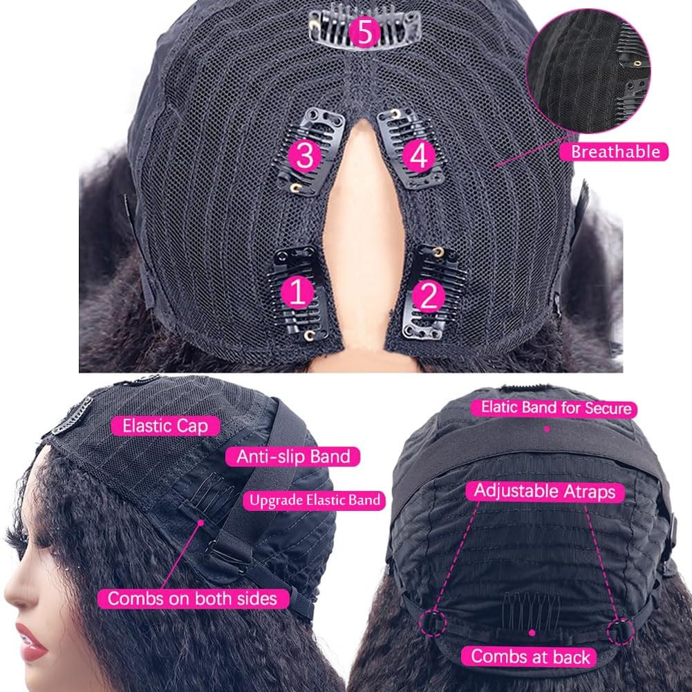 20 Inch Kinky Curly V Part Wig Human Hair - Brazilian Curly U Part Wig 180% Density No Leave Out No Glue - Perfect for Daily Wear, Parties & Special Occasions