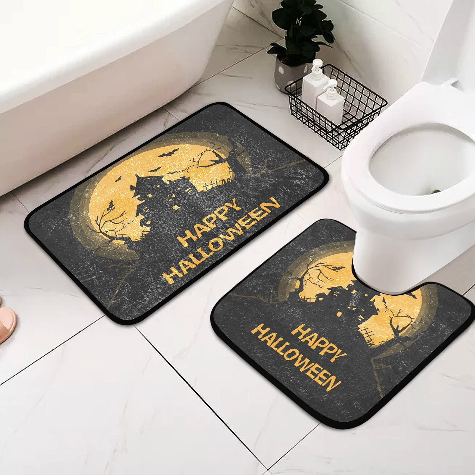 Emelivor Moon House Halloween Bathroom Rug Set - 2-Piece Non-Slip U-Shaped Toilet & Shower Mats (20x20 Inch) | Absorbent Contour Floor Mat for Bathroom Safety | Perfect for Halloween Decor & Wet Area Protection