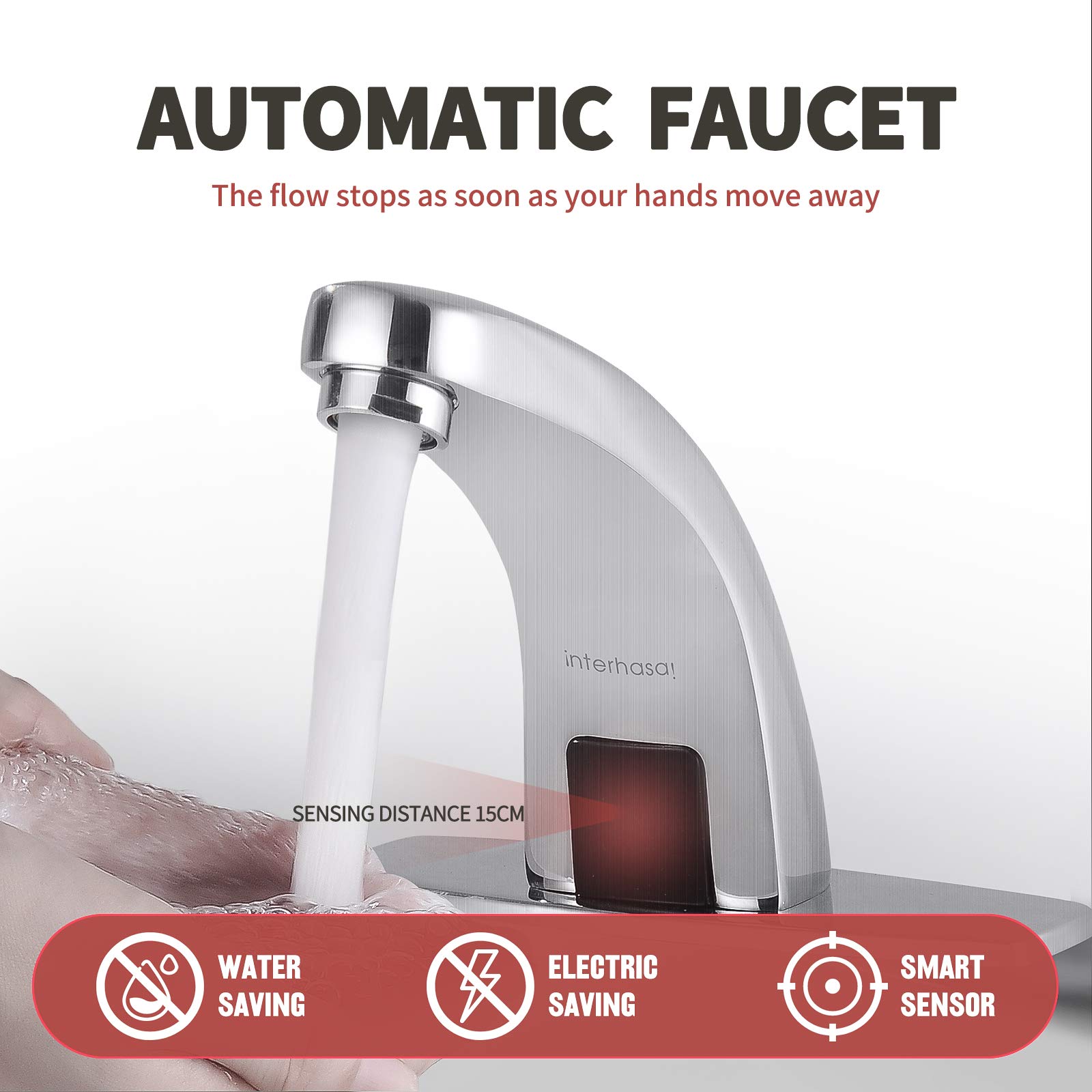 Chrome Automatic Touchless Bathroom Faucet - Hands Free Sensor Sink Faucet with Control Box & Hole Cover Plate (IT-202) - Ideal for Modern Homes, Public Restrooms & Water-Saving Applications