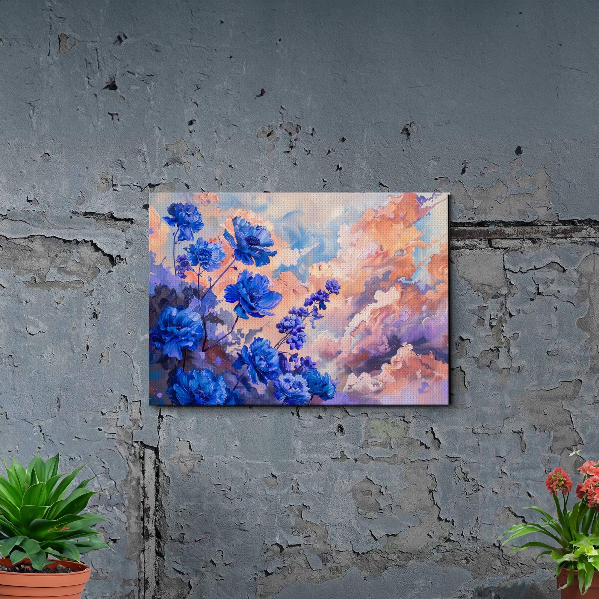 Abstract Purple Orchid Flower Canvas Art - Floral Wall Decor with Mountain Sunset Glow - Stretched Canvas Prints for Living Room, Bedroom & Office - Modern Botanical Artwork for Home Decoration