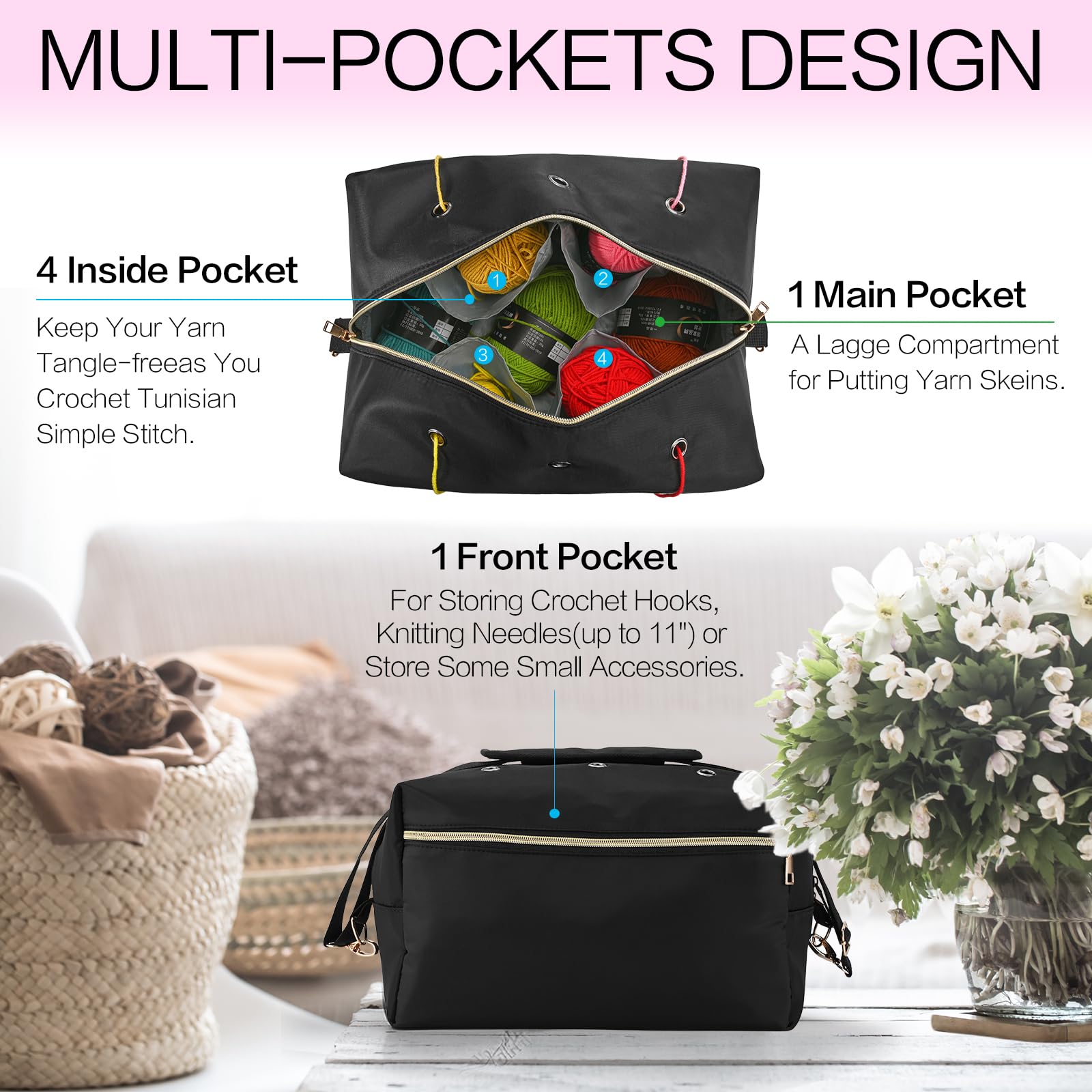 Yookee Home Yarn Storage Bag - Crochet & Knitting Organizer with Multiple Pockets for Crocheting Accessories - Perfect Gift for Crochet Lovers, Moms & Women (Black) - Ideal for Crafting, Travel & Home Organization
