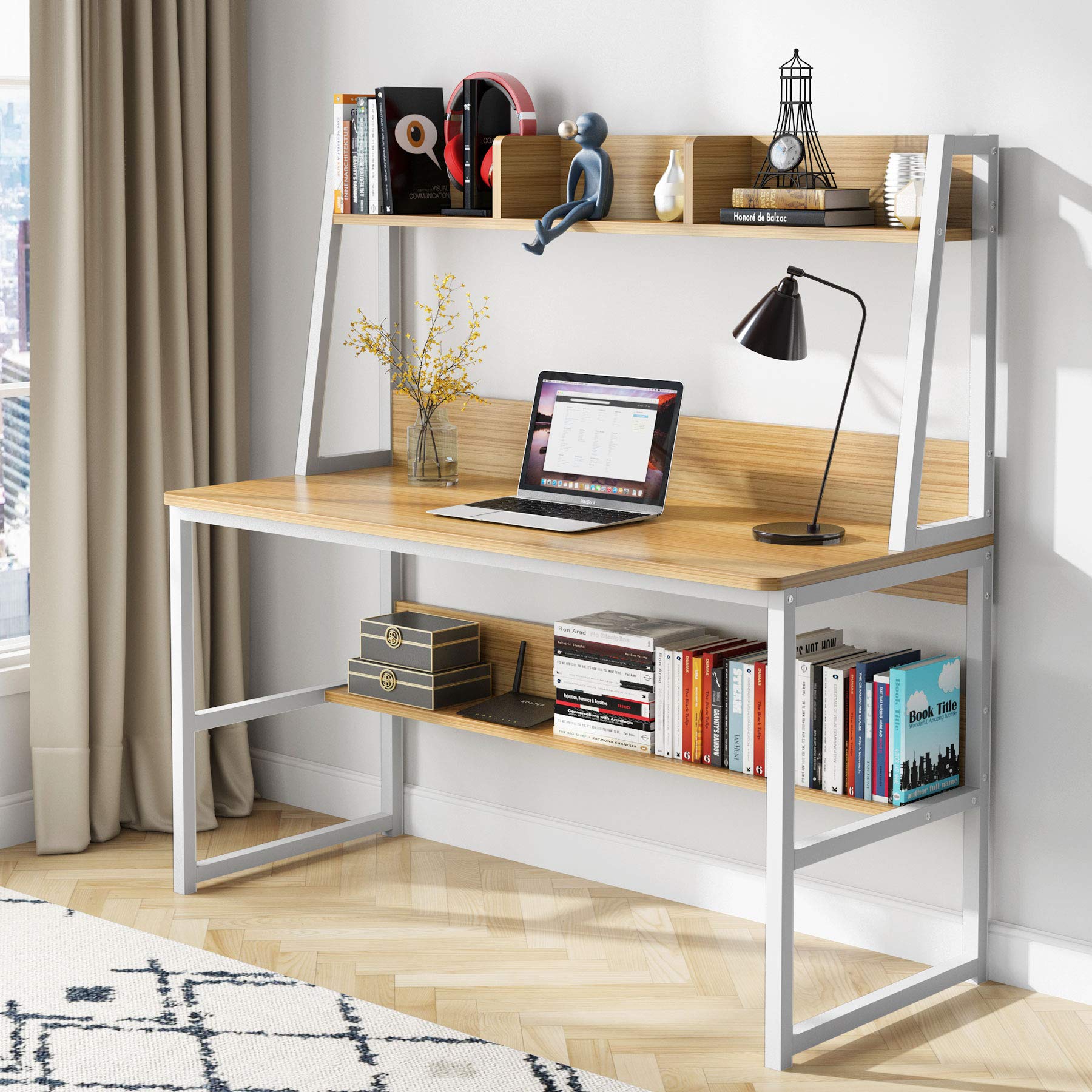 Tribesigns 47 Inch Modern Computer Desk with Hutch and Bookshelf - Light Walnut Home Office Desk for Study, Writing & Work | Perfect for Small Spaces, Remote Work & Student Dorm Rooms