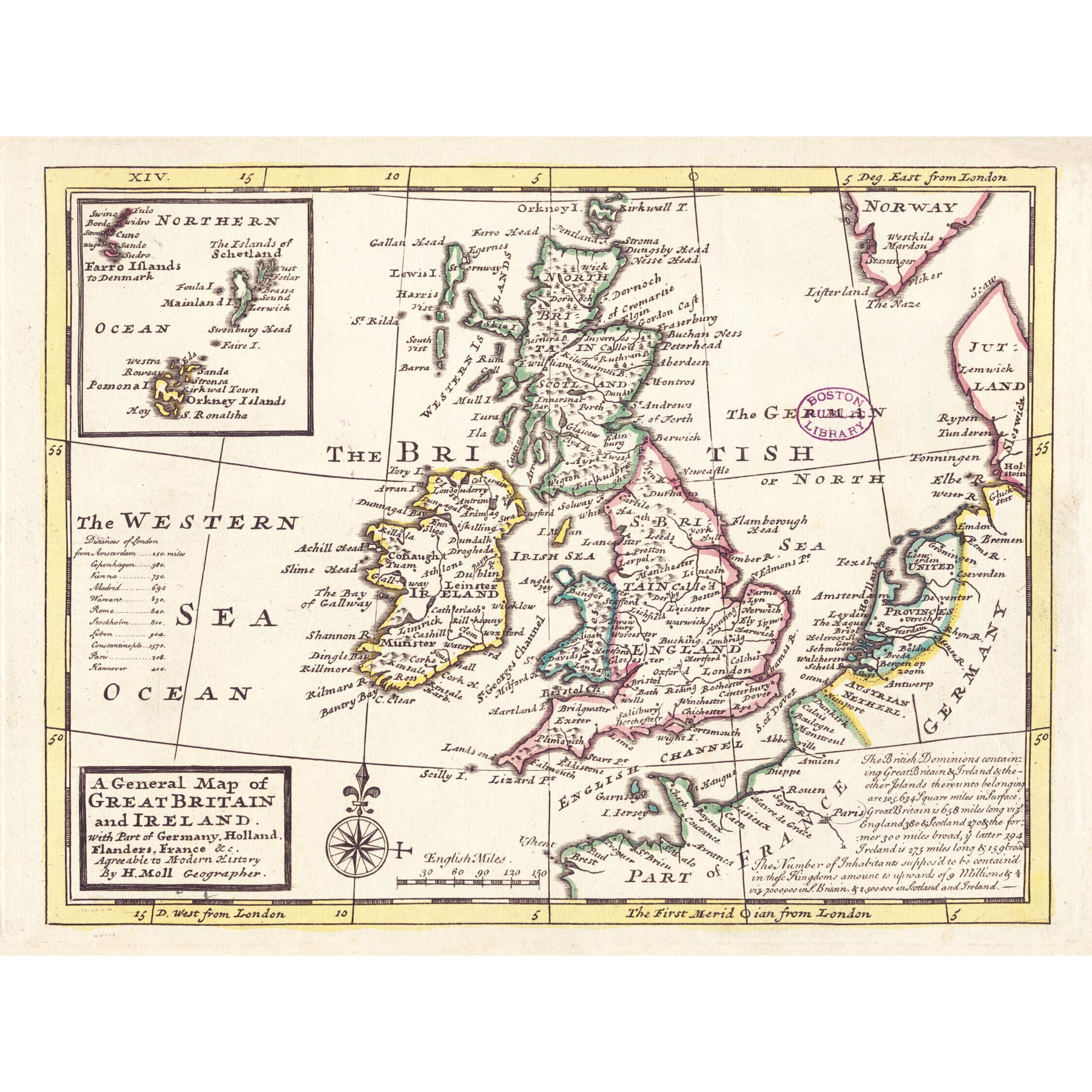 Vintage Moll 1732 General Map of Great Britain, Ireland & France - Large 18x24 Inch Wall Art Poster Print on Thick Paper | Perfect for Home Decor, Office & History Classroom