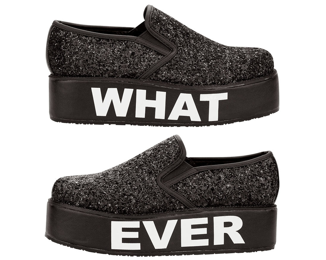 T.U.K Black Glitter WHATEVER Slip On Creepers - Punk Rock Platform Shoes for Women & Men | Perfect for Concerts, Gothic Fashion & Alternative Style Outfits