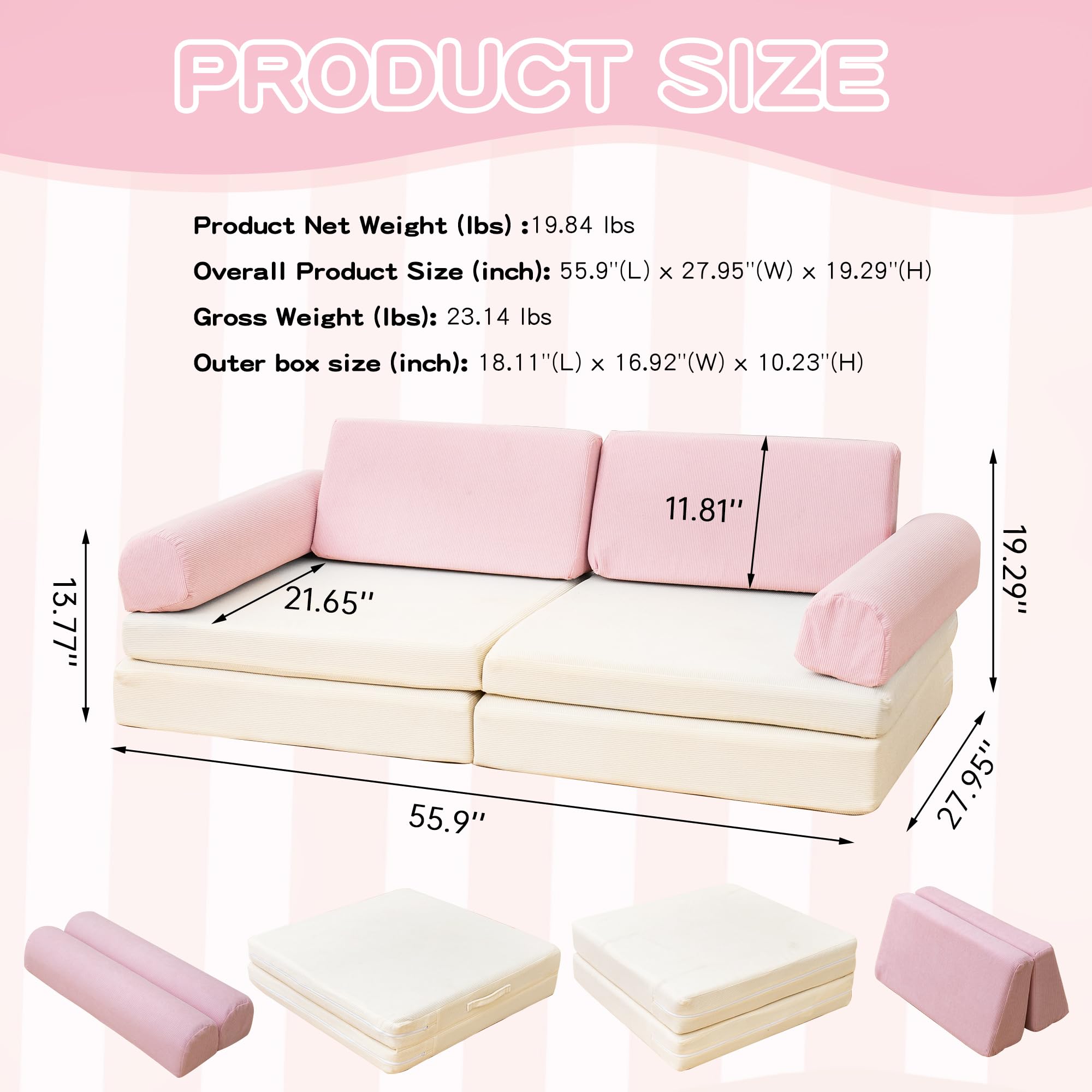 Modular Kids Play Couch - 5 Second Instant Expansion Corduroy Sofa for Playroom (Pink & Beige) - Perfect for Indoor Playtime, Reading Nook & Toddler Relaxation