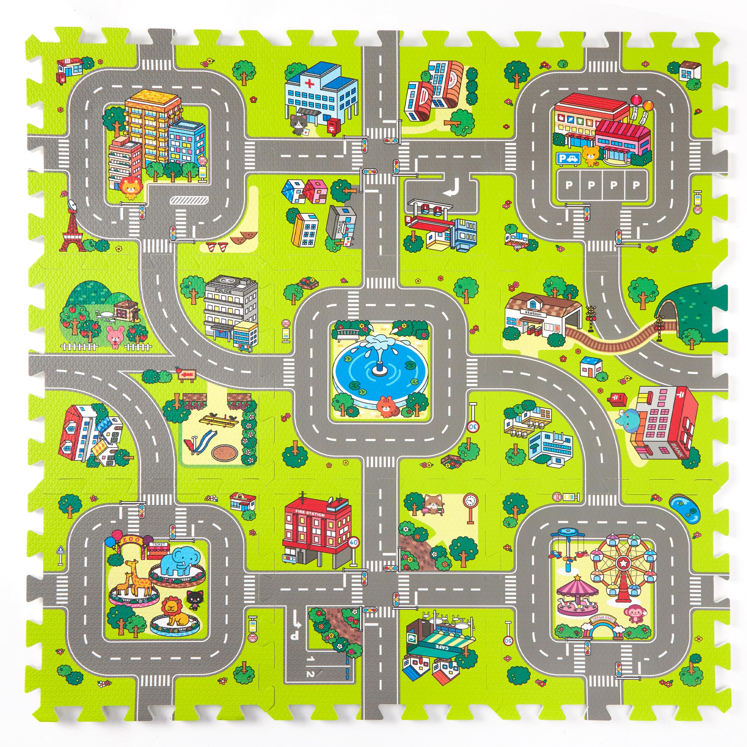 Non-Toxic Baby Play Mats for Floor - 9-Piece Interlocking Foam Tiles with City Road Track Design | Safe Crawling & Learning Space for Infants | Perfect for Nursery, Playroom & Daycare Use