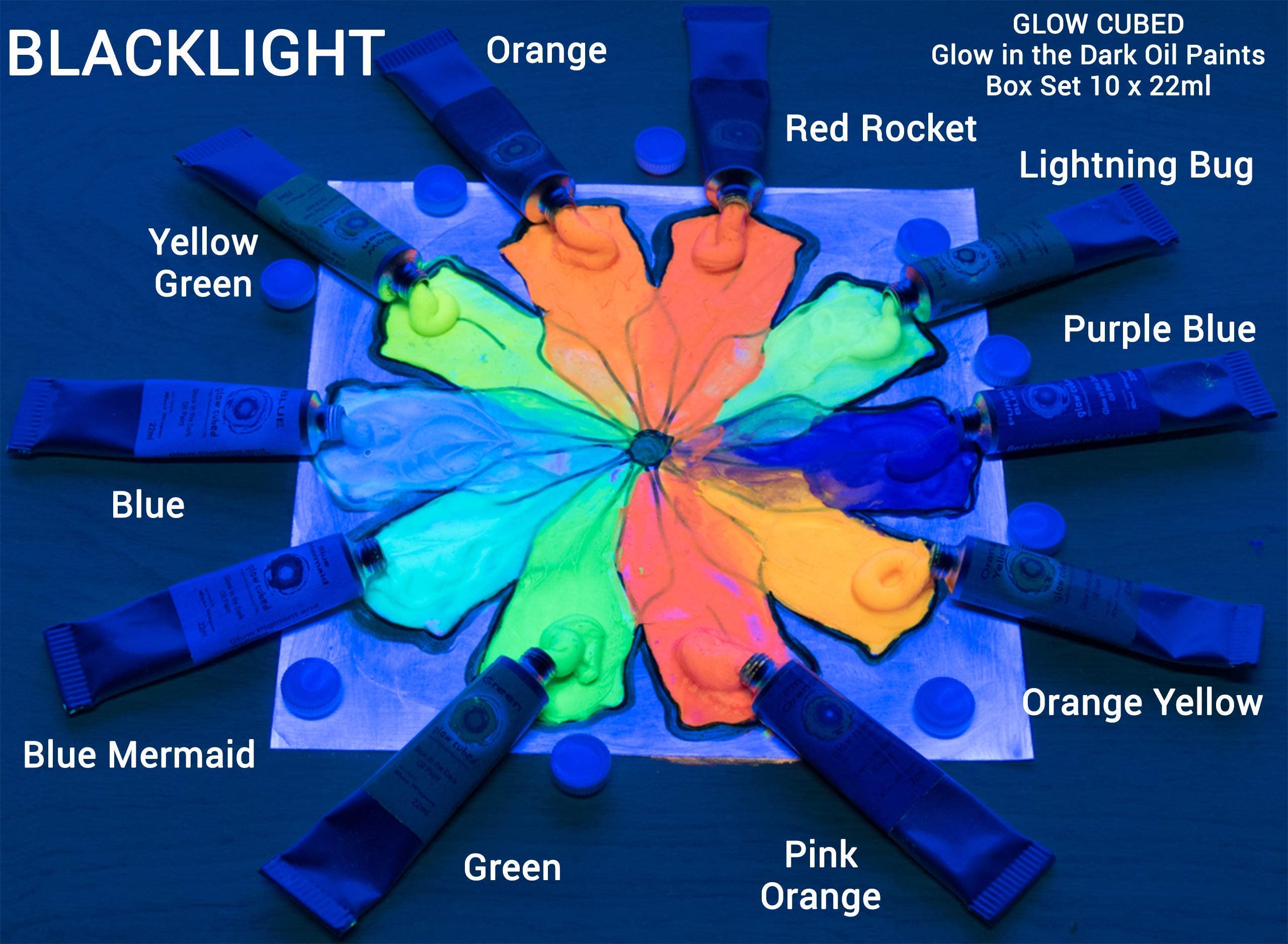 Glow in The Dark Professional Oil Paint Set - 10 Vibrant Colors with Lightning Bug 37ml for Canvas Art, Night Painting & DIY Projects