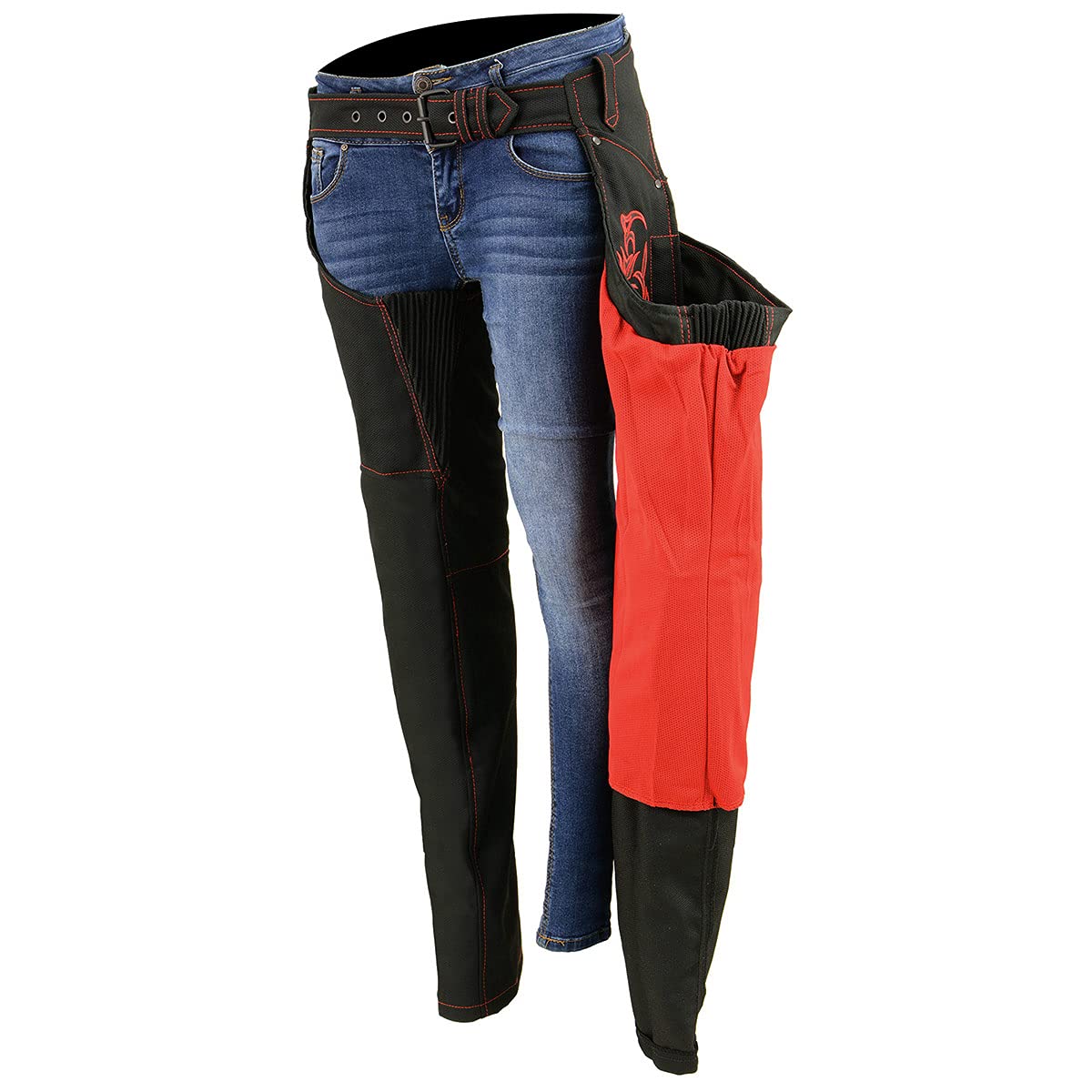 Milwaukee Leather SH1182 Women's Black & Pink Motorcycle Chaps with Tribal Embroidery - Stylish & Protective Riding Gear for Harley, Cruiser & Adventure Bikes