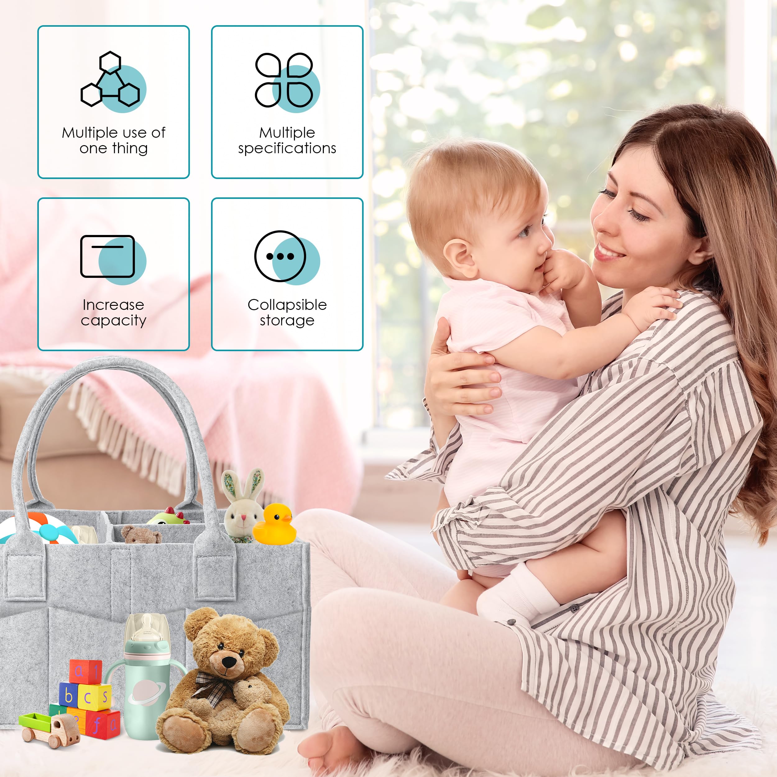 2 Pack Cute Castle Diaper Caddy Organizer - Portable Baby Storage Bin with Handle for Nursery & Car - Baby Gift Basket for Girls & Boys (Grey) - Perfect for Diaper Storage, Baby Essentials & On-the-Go Organization
