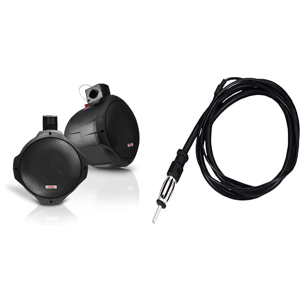 6.5 Inch Dual Marine Speakers - 2 Way IP44 Waterproof Audio Stereo Sound System with 200 Watt Power - 1 Pair - PLMRB65 Black & MAW40 Universal Marine Antenna - Perfect for Boats, Yachts, and Outdoor Water Activities