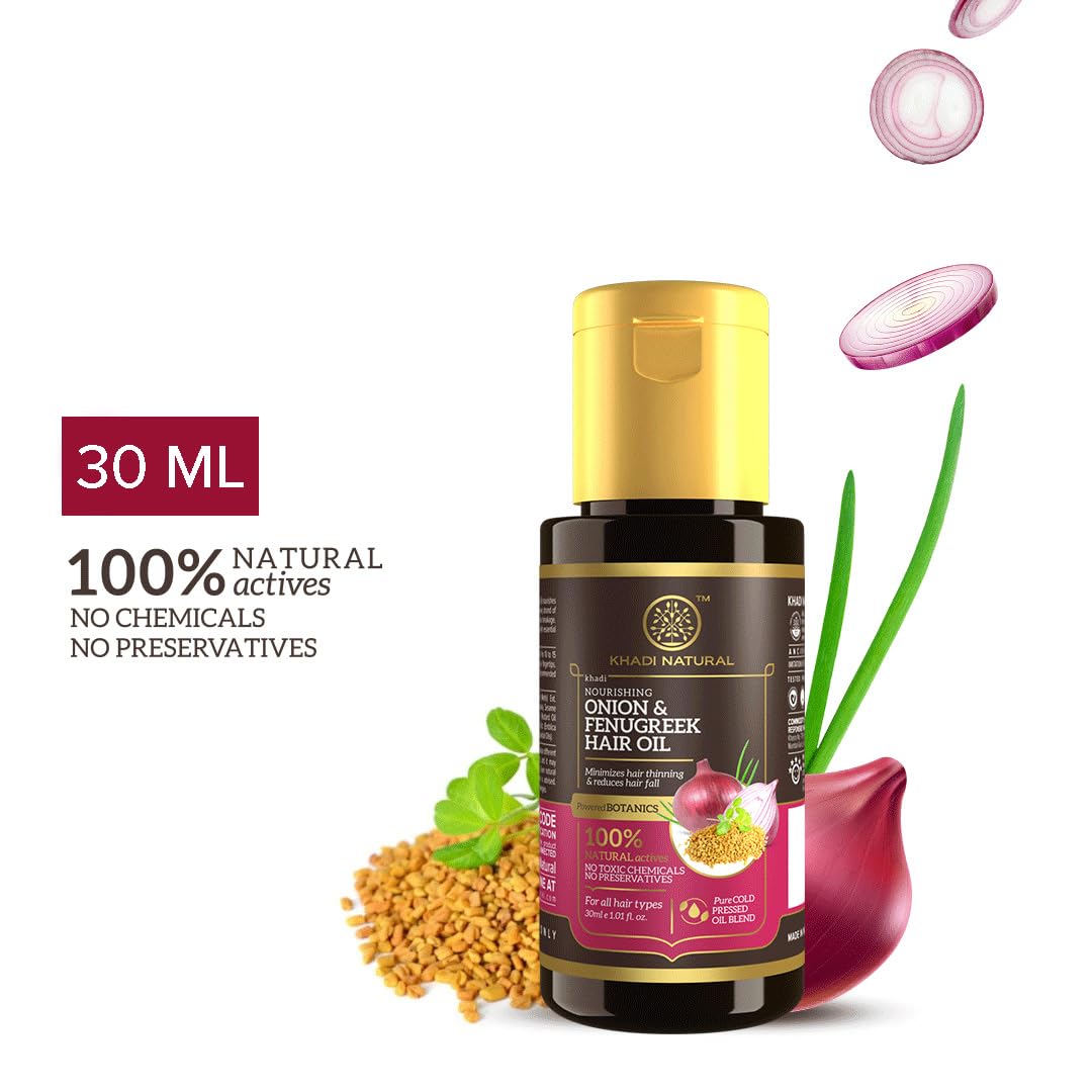 Khadi Natural Onion & Fenugreek Hair Oil for Hair Growth - 30ml | Strengthens Hair Follicles, Reduces Frizz | Paraben-Free Ayurvedic Treatment for Thicker, Healthier Hair | Perfect for Daily Hair Care & Scalp Massage