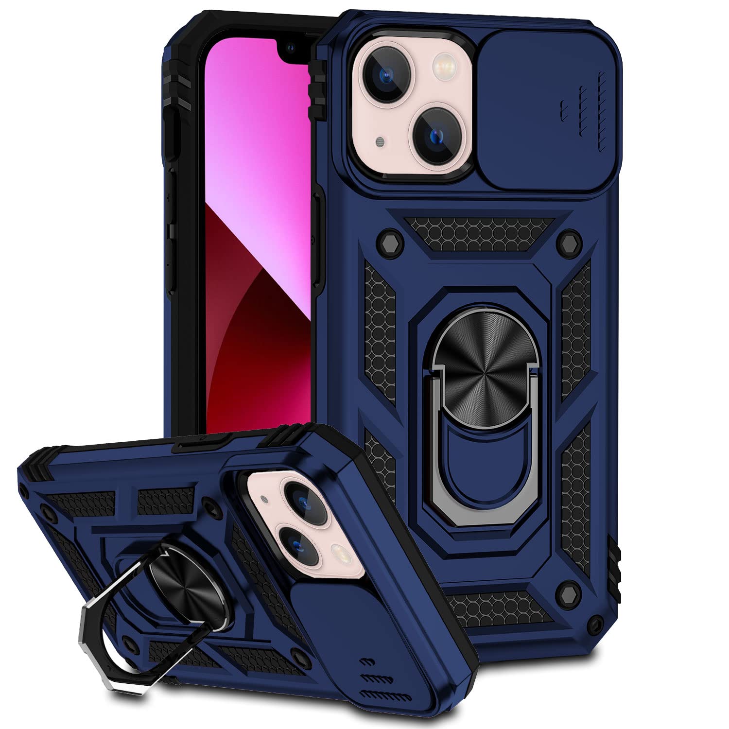 Hitaoyou iPhone 13 Case with Camera Cover & Kickstand - Military Grade Shockproof Heavy Duty Protective Magnetic Phone Cover for iPhone 13 (Blue) - Perfect for Outdoor Activities, Travel & Daily Protection