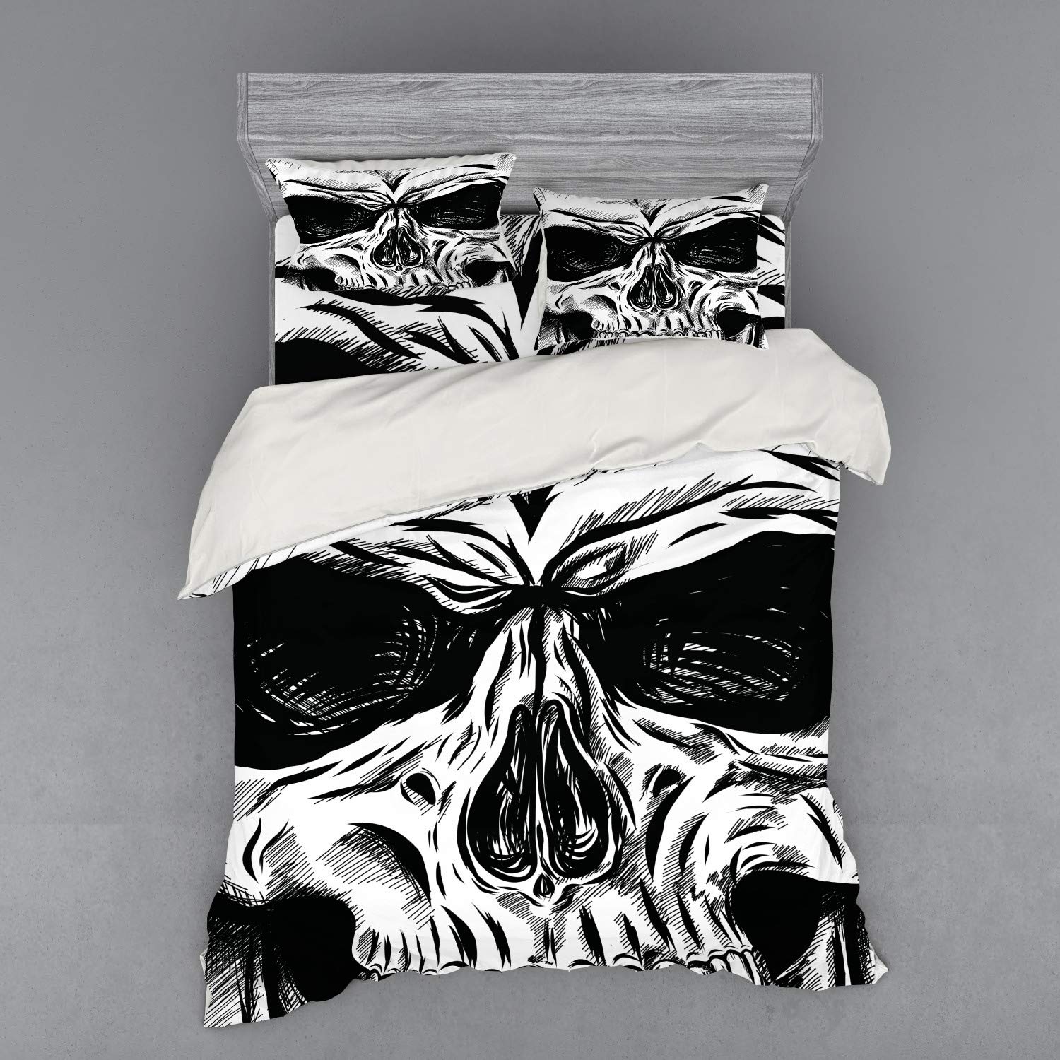 Ambesonne Halloween Bedding Set - Gothic Skull Duvet Cover with Shams & Fitted Sheet, Queen Size Black & White Skeleton Design | Spooky Bedroom Decor for Halloween Parties & Gothic Home Decor