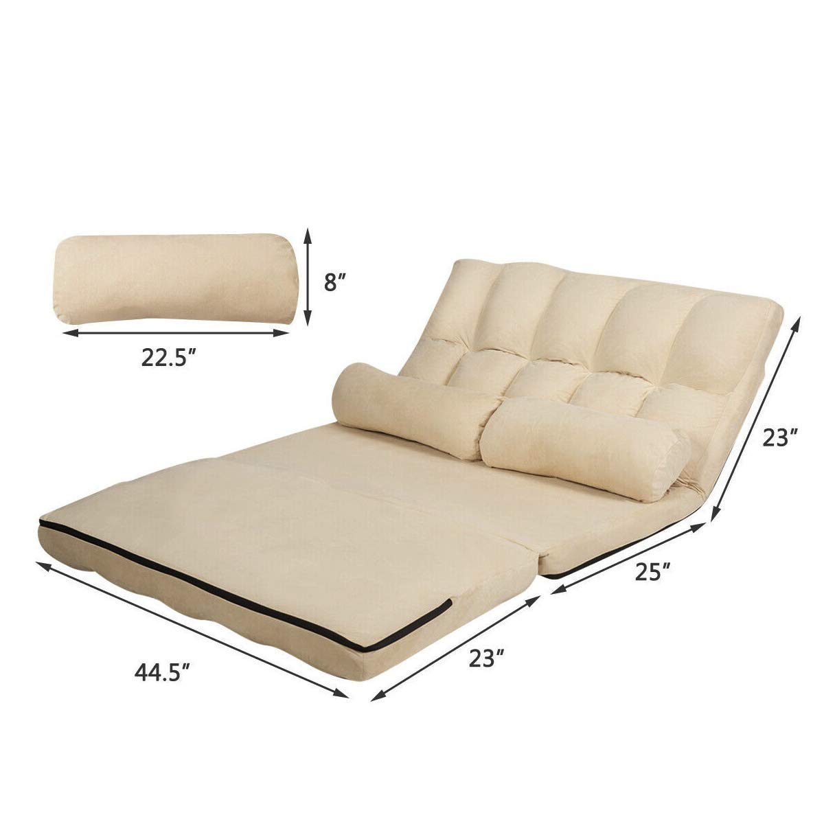 HPW Beige Foldable Floor Sofa Bed Lounge Couch Chaise Lounge with 2 Pillows - 6 Adjustable Backrest Positions for Sitting, Lying & Leaning - Sturdy Steel Pipe Frame - Perfect for Bedroom, Living Room, Gaming Room & Small Spaces - Great for Relaxing, Napping & Movie Nights