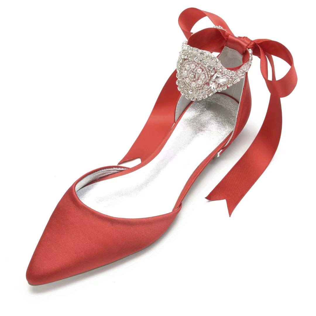 Satin Crystal Wedding Flats for Bride - Pointed Toe Ribbon Tie Party Dress Shoes - Women's Elegant Bridal Shoes for Wedding, Reception & Special Occasions