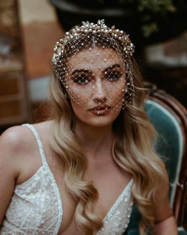 Elegant Pearl Clustered Bridal Headband with Optional Crystal Birdcage Veil - Breeanna Glam by Kezani | Perfect for Weddings, Prom, and Formal Events