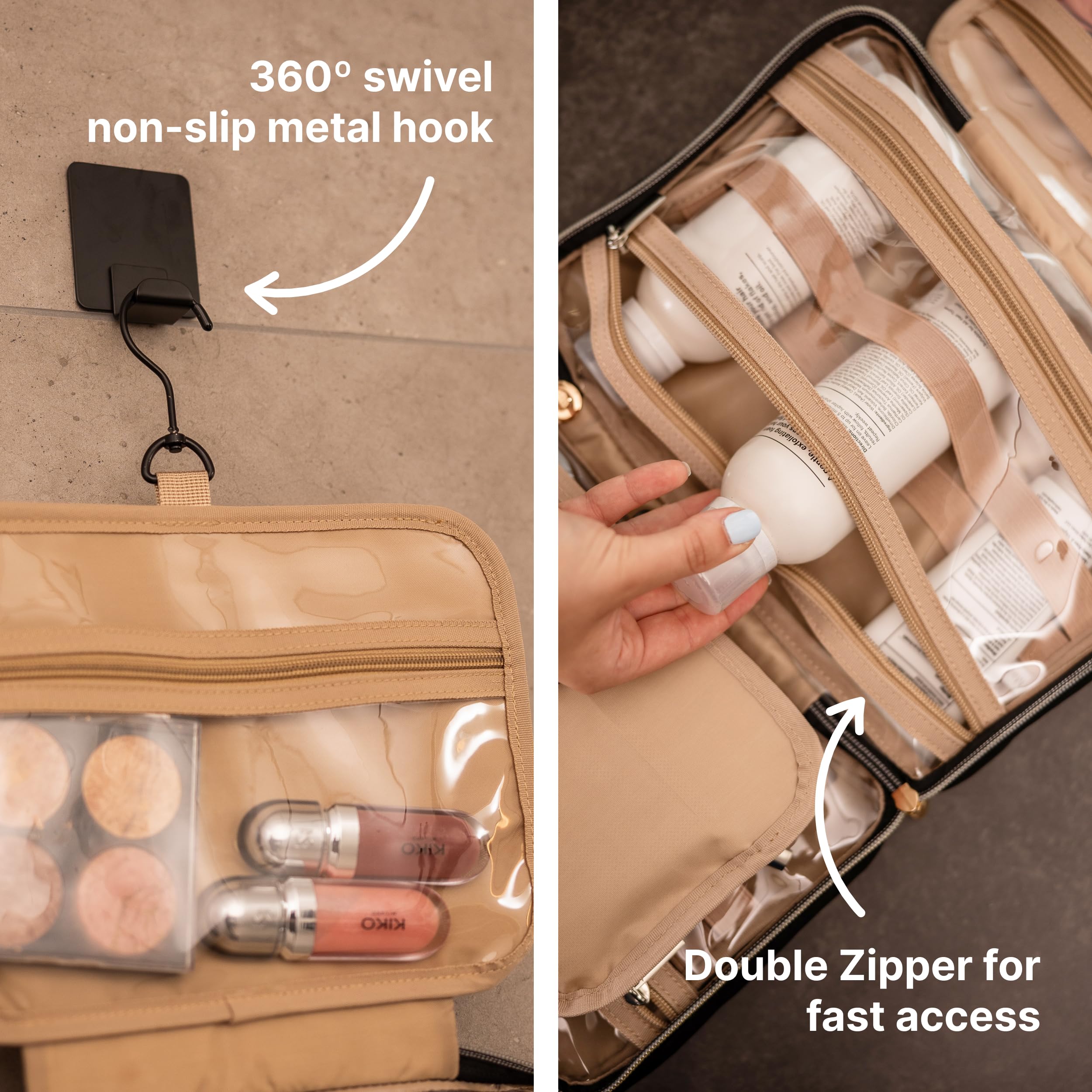 Water-Resistant Hanging Toiletry Bag for Women - Travel Makeup Organizer with Cosmetic & Brush Storage - Small Black Toiletries Bag for Vacation, Gym, Camping & Business Trips