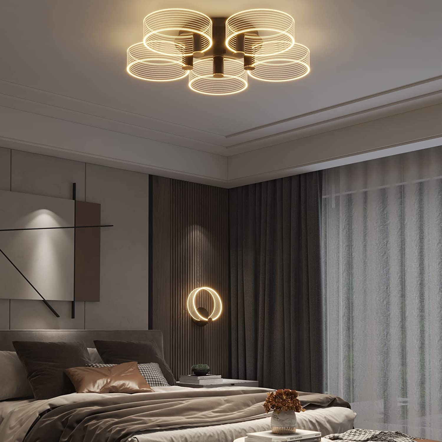 60W LED Ceiling Light with Dimmable Switch, 5 Acrylic Round Flush Mount Chandelier - 3000K/4000K/6500K Color Temperature for Living Room, Bedroom & Dining Room - Modern Home Lighting for Relaxation & Dining Ambiance