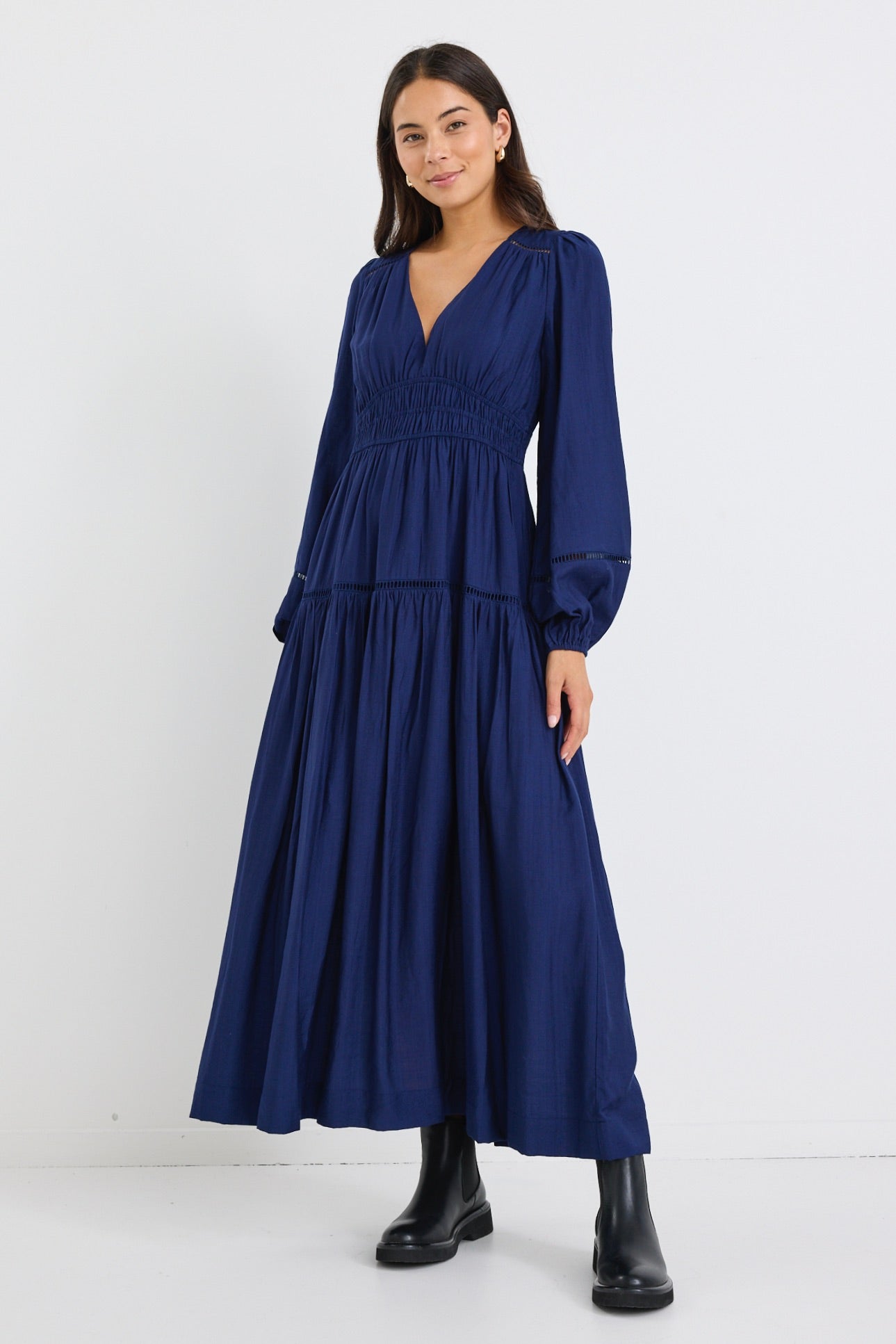 Divine Navy Blue Balloon Sleeve Flowy Maxi Dress for Women - Beach Wedding, Summer Vacation & Boho Party Outfit
