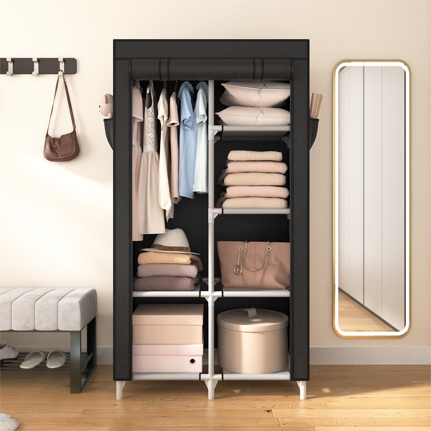 Portable Closet Wardrobe with 6 Shelves & 4 Pockets - Free Standing Clothes Organizer with Hanging Rod for Bedroom, Closet, Dorm - Easy Assembly & Sturdy Frame for Hanging Clothes Storage