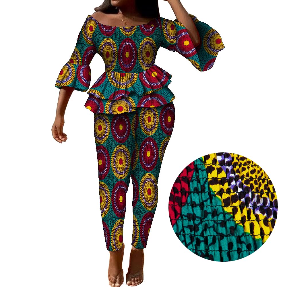 African Print Women's 2 Piece Outfit - Ankara Kente Elastic Smocked Bodycon Pants Suit | Traditional African Clothing for Parties, Weddings & Cultural Events