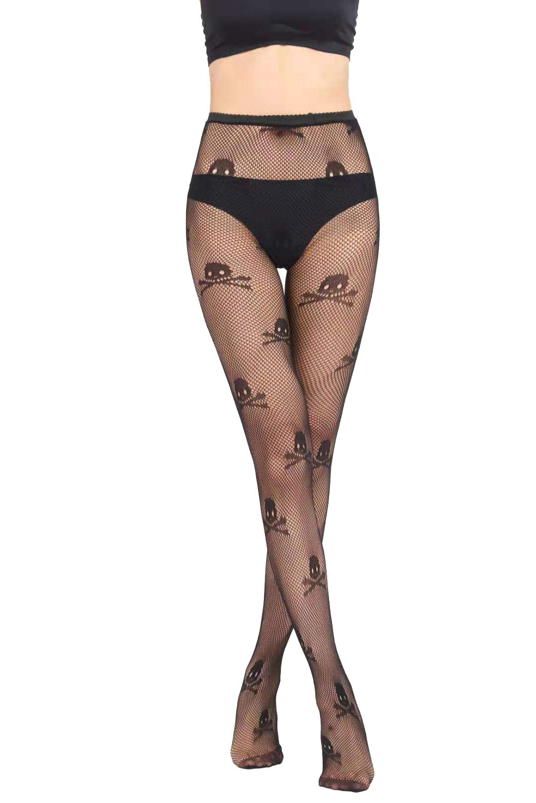 90s Gothic Skull Print Fishnet Stockings - Sheer Mesh Pantyhose for Halloween, Cosplay & Retro Fashion Outfits