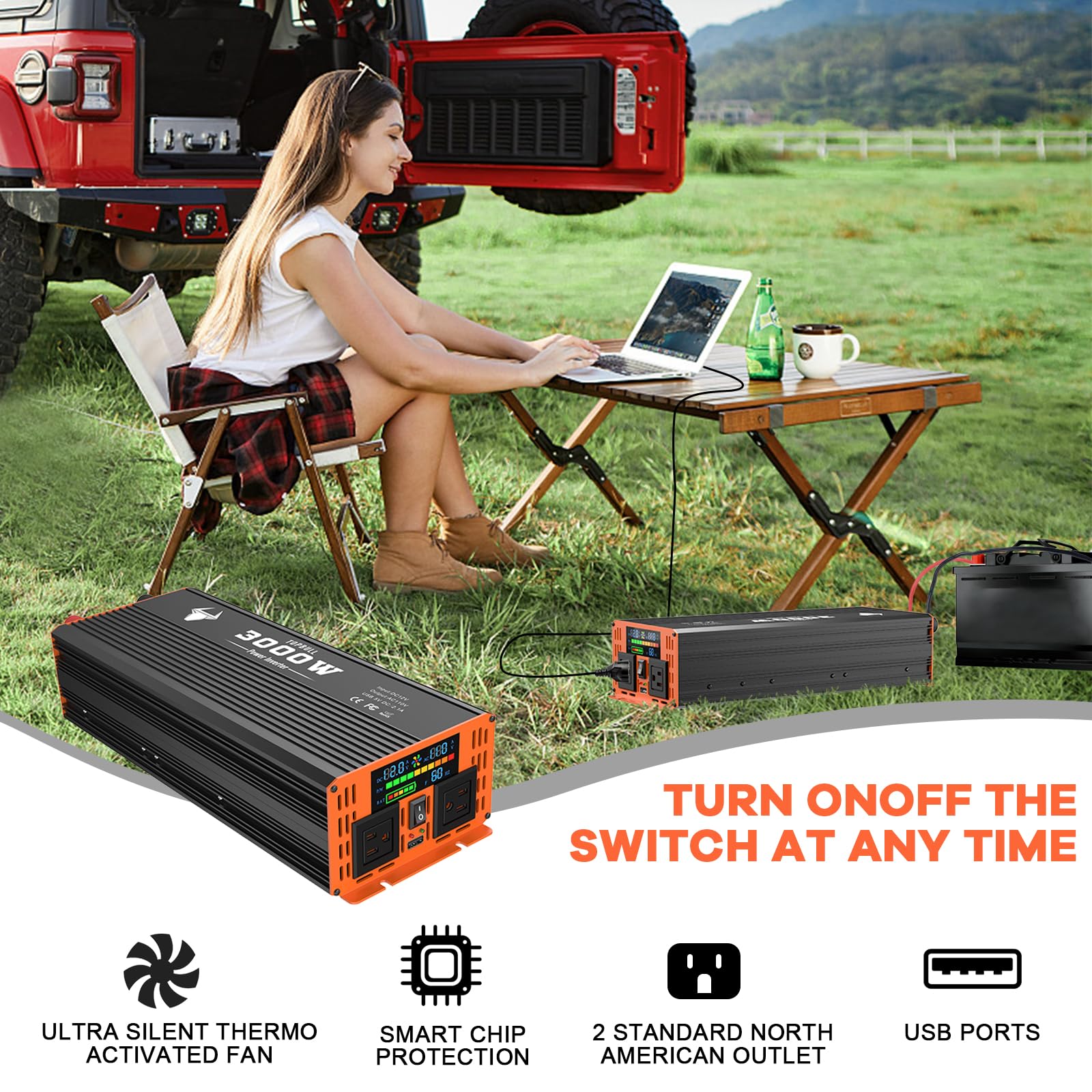 3000W Power Inverter 12V DC to 110V AC Converter with LED Display, Dual AC Outlets & USB Port - Car, Home, RV Power Supply for Laptops, Appliances, Outdoor Camping