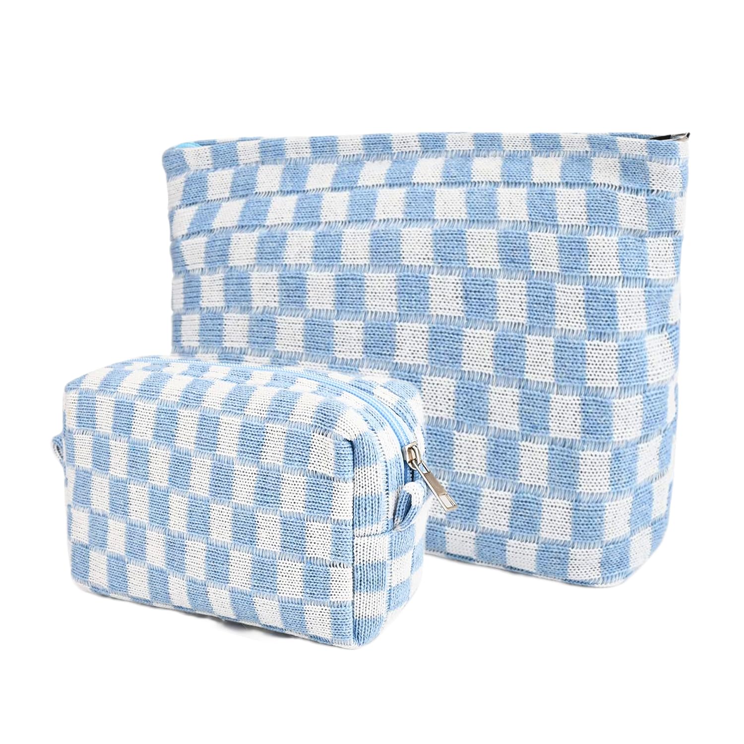 2Pcs Light Blue Checkered Makeup Bag Set for Women - Travel Cosmetic & Toiletry Pouch with Zipper, Cute Aesthetic Storage for Brushes, Cosmetics, Purse Essentials | Perfect for Travel, Gym, School & Daily Use