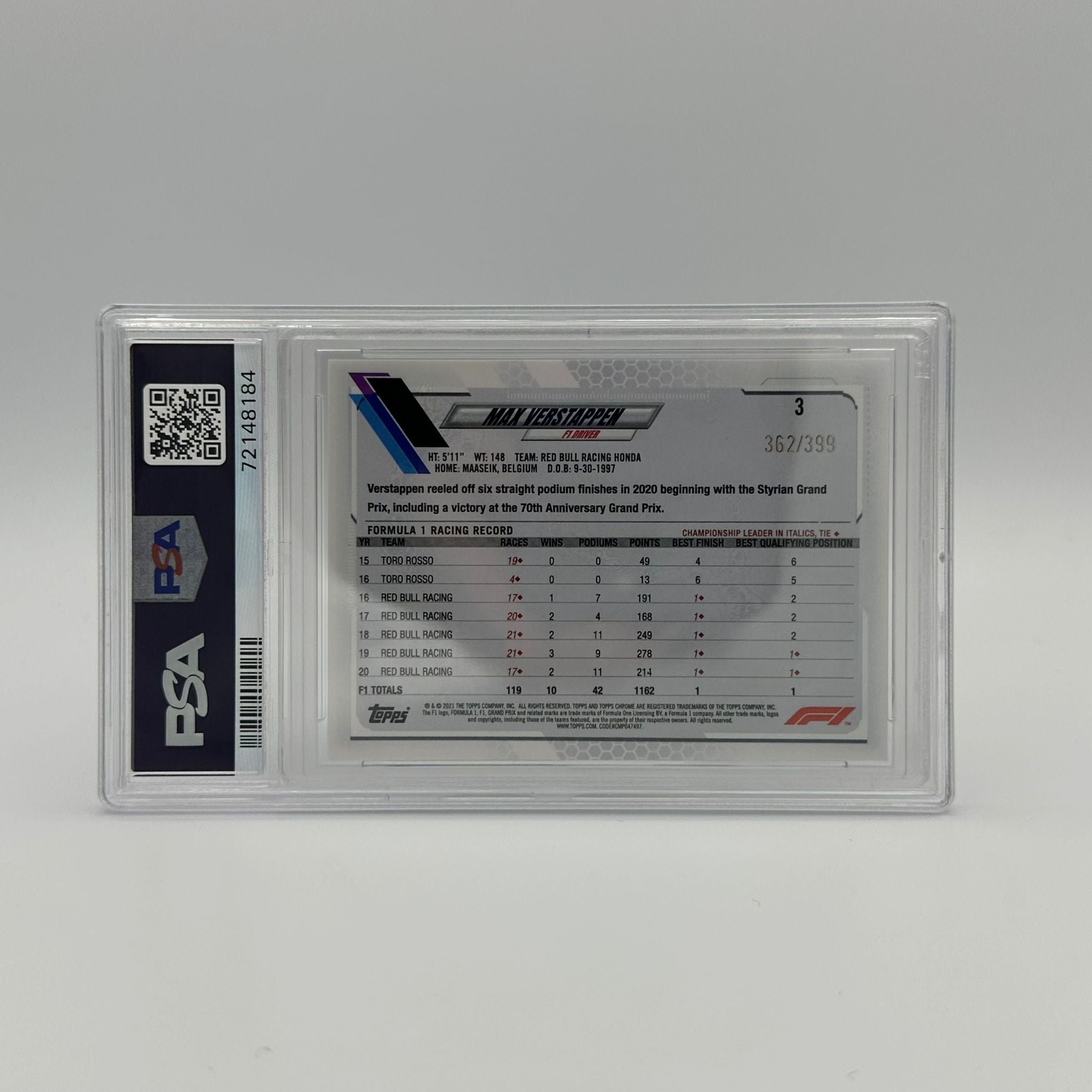 PSA 9 Graded 362/399 Max Verstappen #3 Purple Refractor Racing Card - Perfect for F1 Collectors & Sports Memorabilia Displays