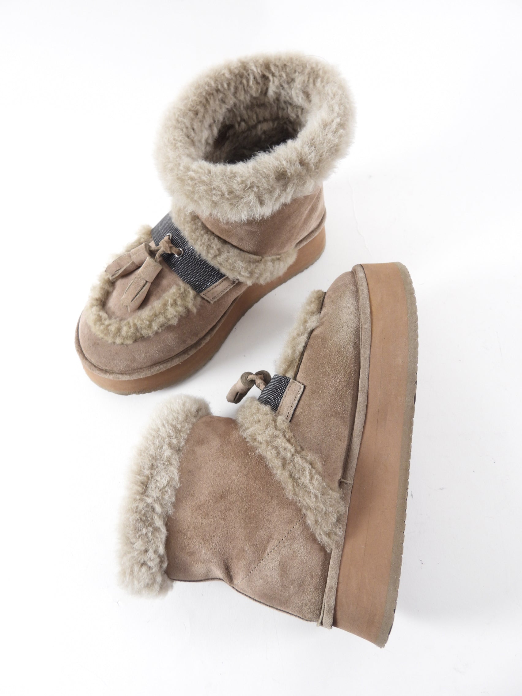 Brunello Cucinelli Shearling Monili Tassel Ankle Boots Women's Size 36.5/37 - Luxurious Winter Fashion for Casual Outings & Evening Events