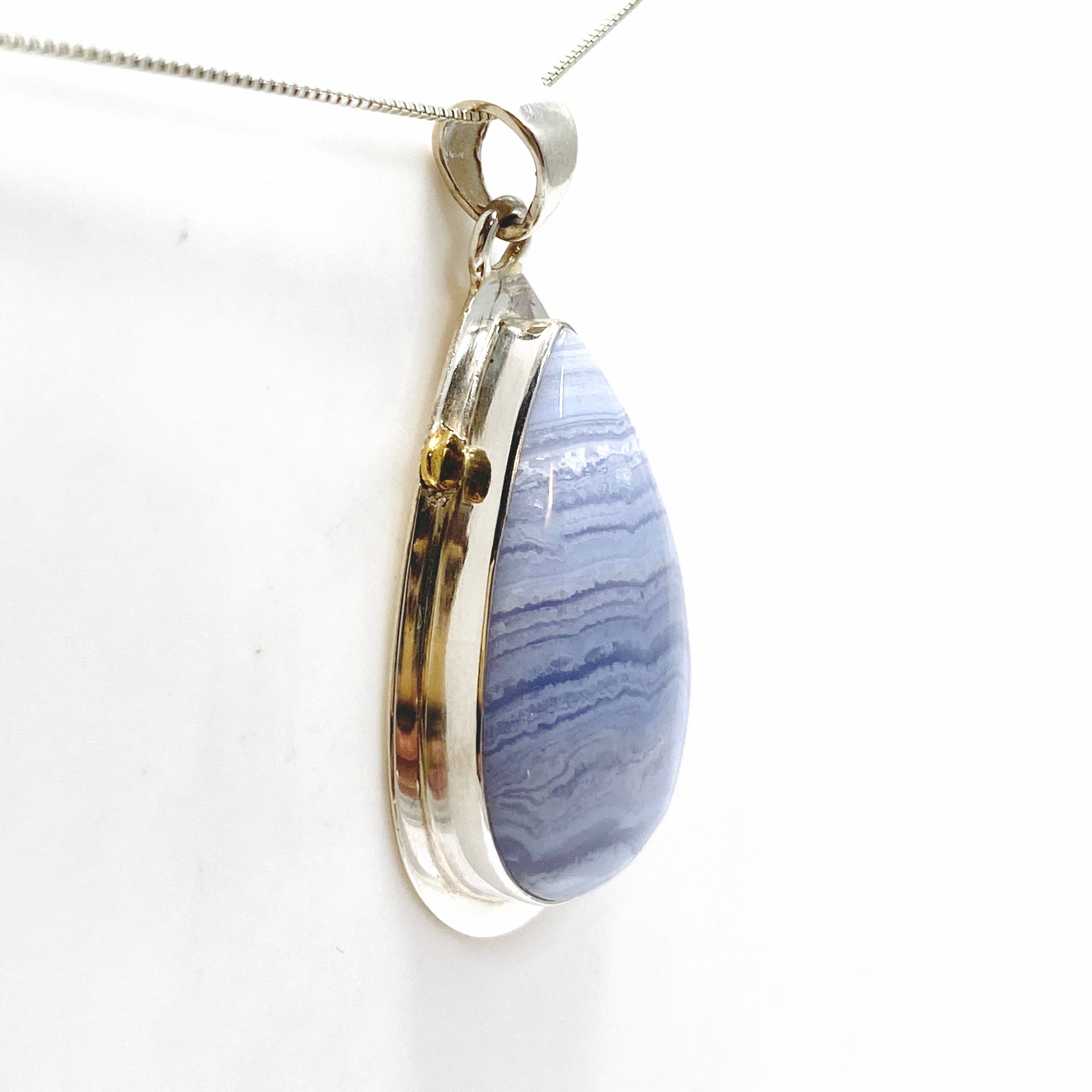 Blue Lace Agate Teardrop Cabochon Pendant - Handmade Silver Jewelry KPGJ4833 - Perfect for Gift Giving & Special Occasions