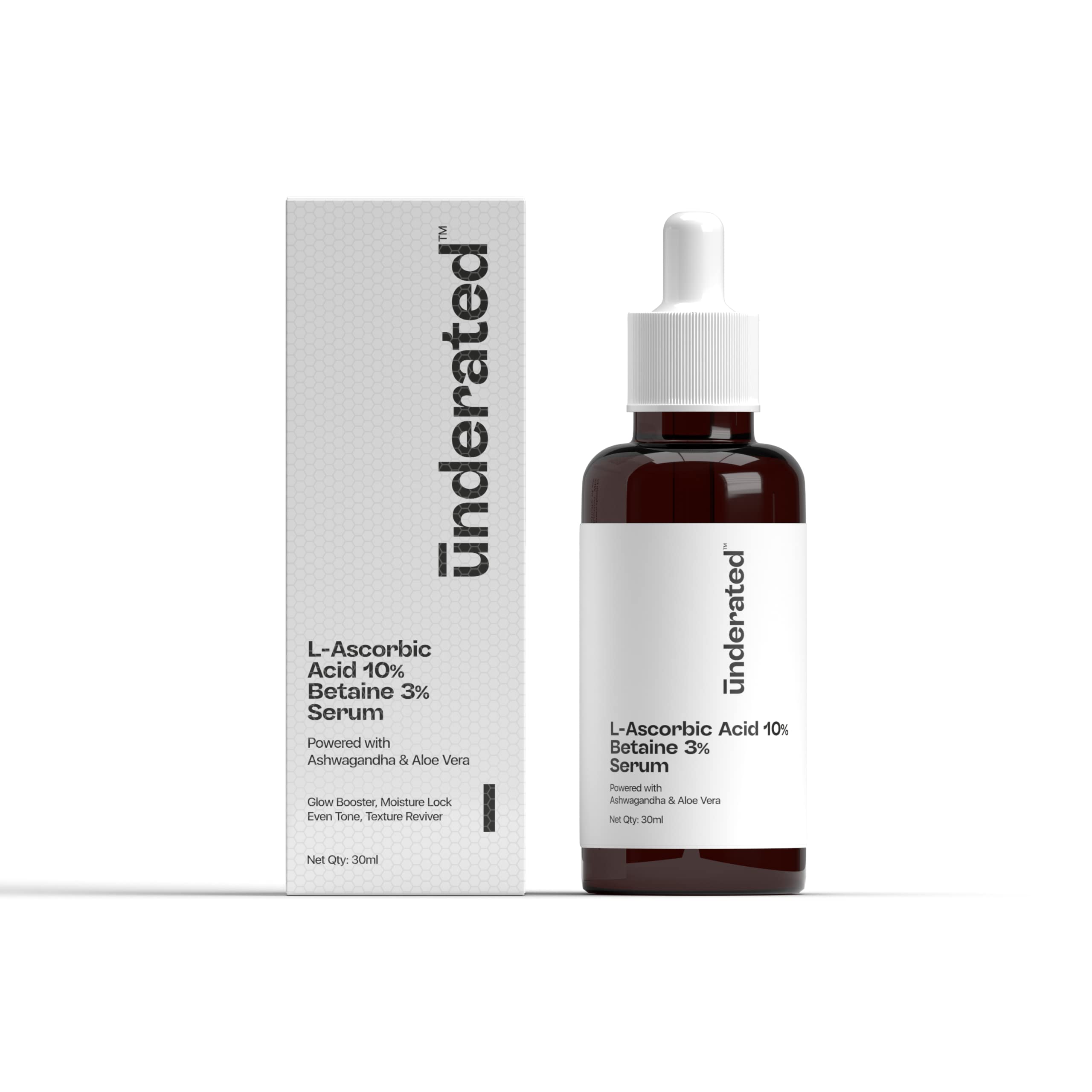 UNDERATED Vitamin C Serum for Face - 10% L-Ascorbic Acid & 3% Betaine with Ashwagandha & Aloe Vera | Brightening Serum for Glowing Skin, Moisture Lock, Even Skin Tone & Texture Revival | 30ml | Perfect for Daily Skincare Routine & Anti-Aging Treatment