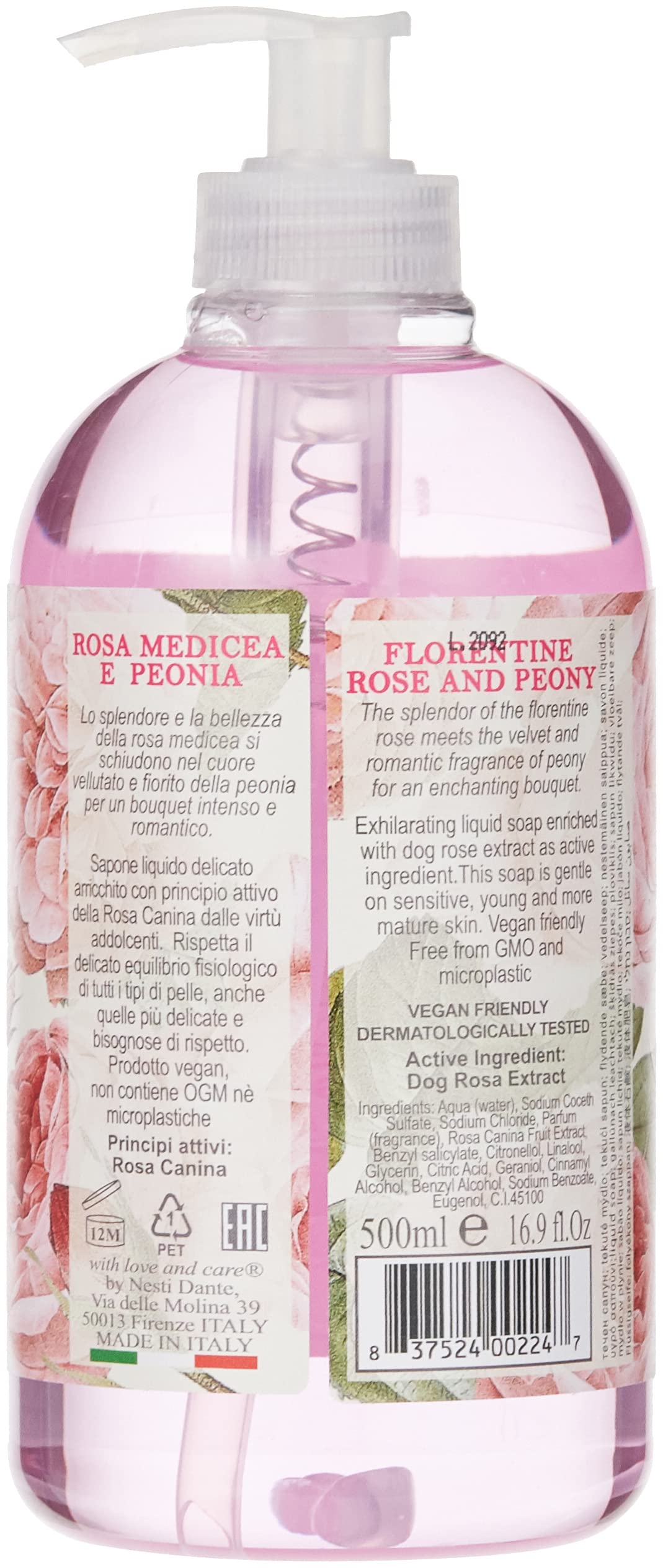 NESTI DANTE Romantica Rose & Peony Liquid Soap 500ml - Luxurious Floral Hand & Body Wash for Spa, Bath & Gift Sets