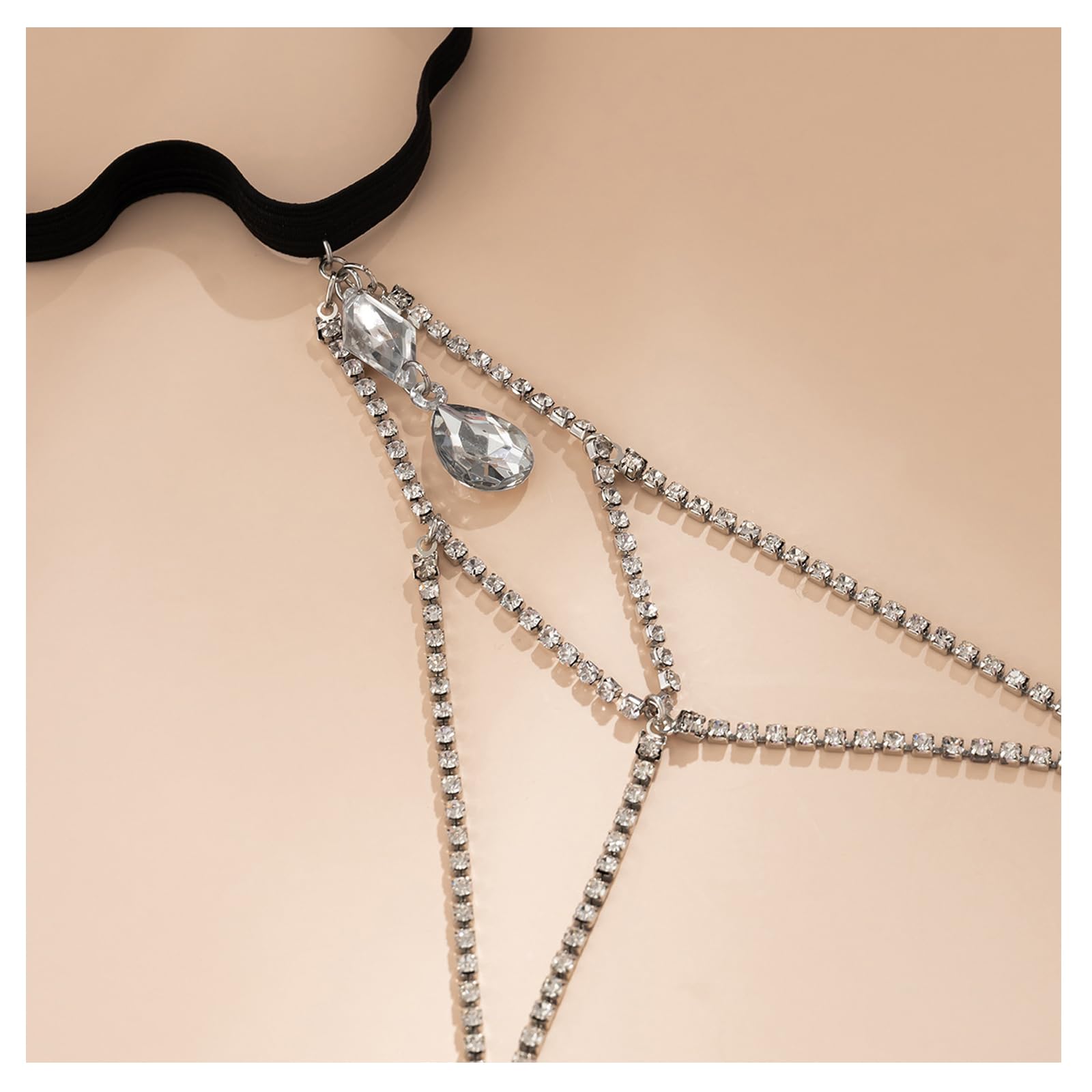 Multi-Layered Silver Rhinestone Thigh Chain Jewelry - Stretchy Crystal Tassel Leg Body Chain for Women | Adjustable Layered Thigh Jewelry | Summer Beach Party Accessories | Perfect for Bachelorette, Music Festivals & Night Out