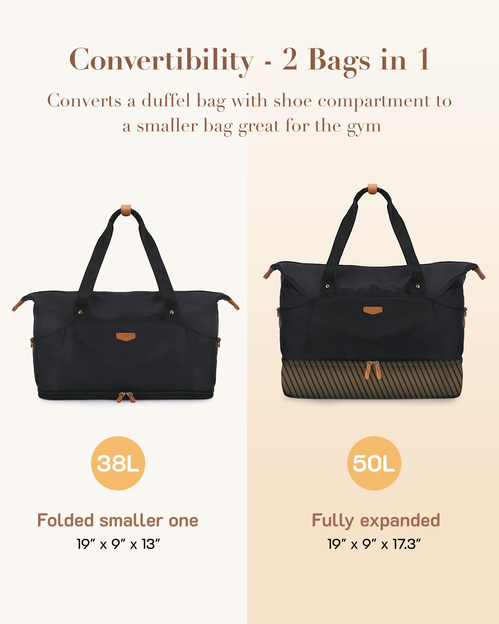 Missnine Weekender Bag for Women - Expandable 50L Travel Duffel with Shoes Compartment, Carry-On Overnight Gym Bag | Perfect for Weekend Getaways, Business Trips & Fitness Workouts