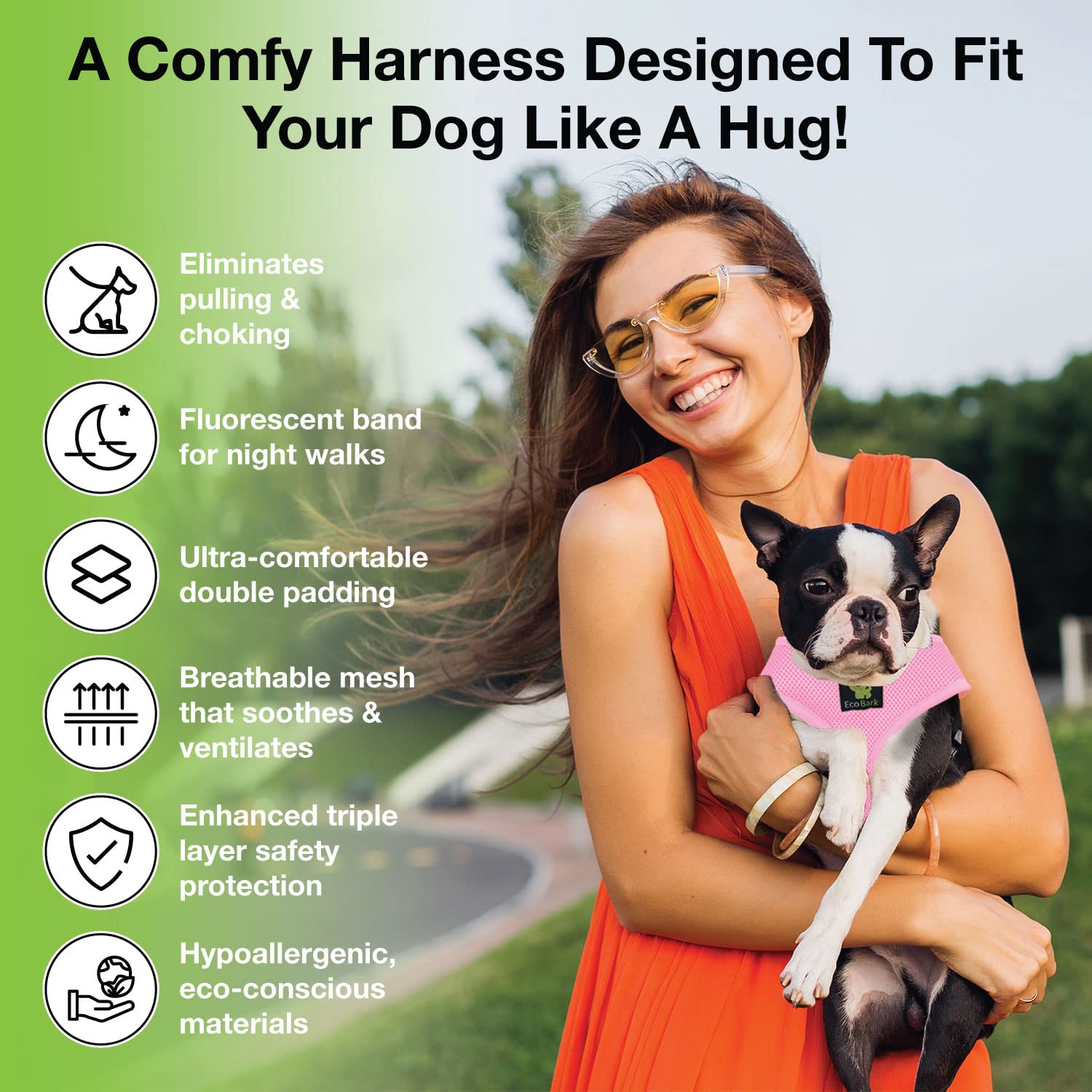 EcoBark No Pull Dog Harness - Eco-Friendly Comfortable Soft Mesh Vest for Puppies, Toy & Small Breeds - Adjustable Overhead Design, Choke-Free - Perfect for Walks, Training & Outdoor Adventures (Medium, Baby Pink)