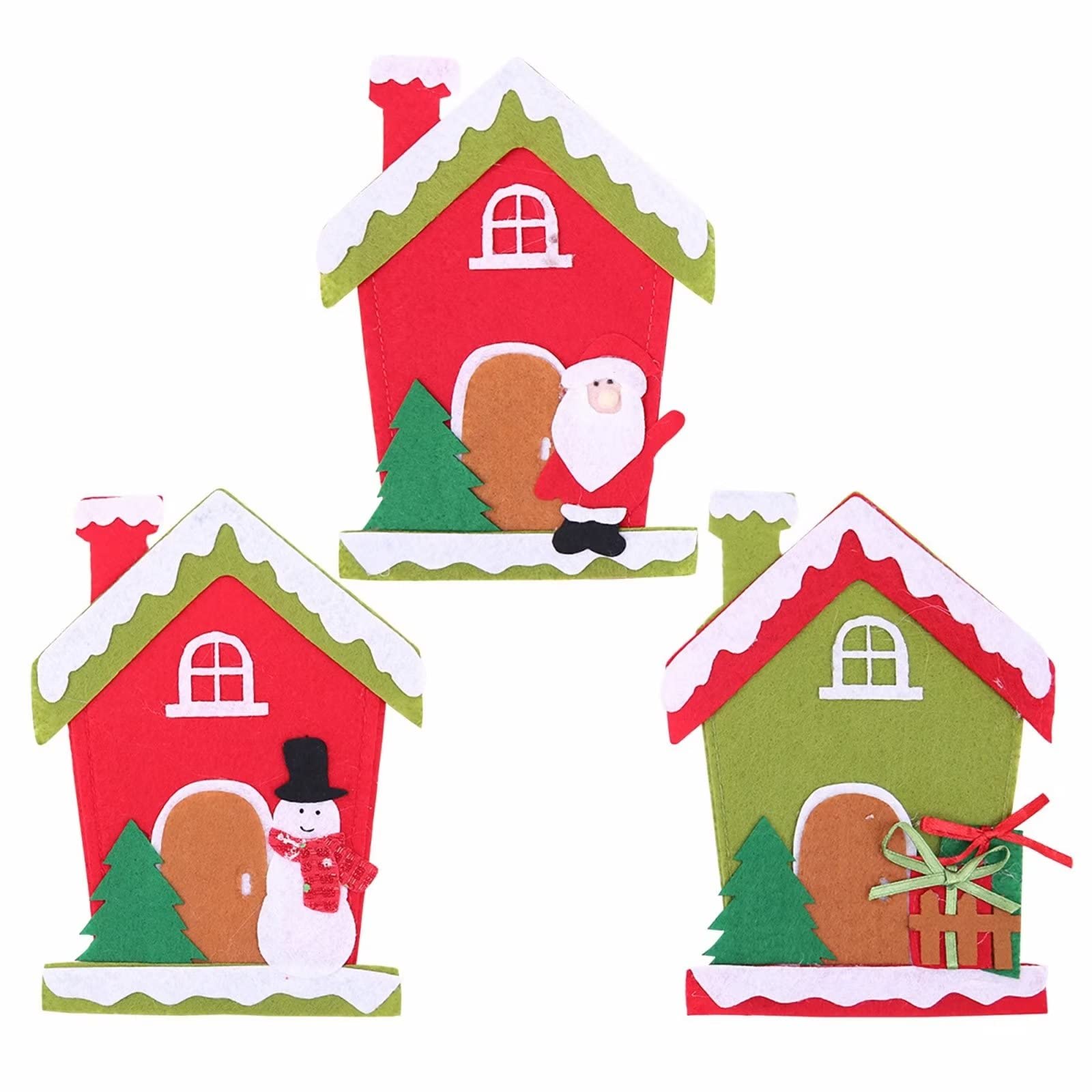 3 Pack Christmas Silverware Holders - Festive Plush Santa Snowman Tree Tableware Bags for Holiday Dinner Party Decor (Red & Green) | Perfect for Xmas Table Settings, Gift Exchanges & Winter Home Decor