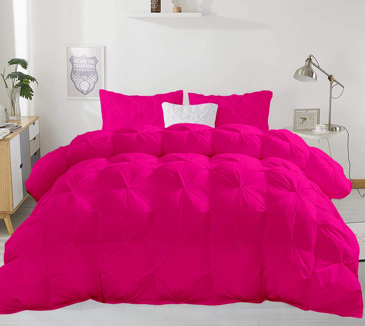 600 GSM 3-Piece All-Season Quilted Pinch Pleated Fluffy Comforter Set - 100% Cotton Duvet Insert with 2 Pillow Cases (Super Queen Size, Hot Pink) | Ultra Soft Bedding for Cozy Nights & Luxury Hotel-Style Bedroom Decor