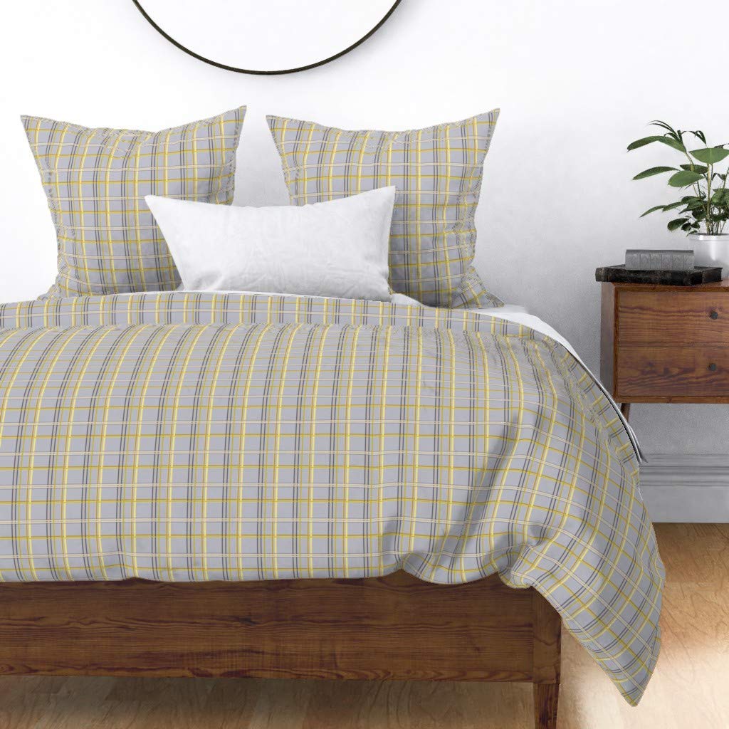 Jordan Plaid Bee Dance Tartan Cotton Sateen Duvet Cover - Twin Size, Sky Blue & Yellow Pastel Gray Spring Summer Bedding for Baby Boy Easter | Custom Printed Home Decor for Nursery & Guest Room