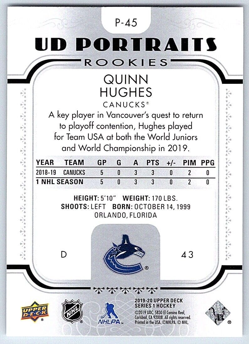2019-20 Upper Deck Portraits Hockey #P45 Quinn Hughes Rookie Card RC - Vancouver Canucks Collectible - Perfect for NHL Memorabilia Collections & Hockey Fan Gifts