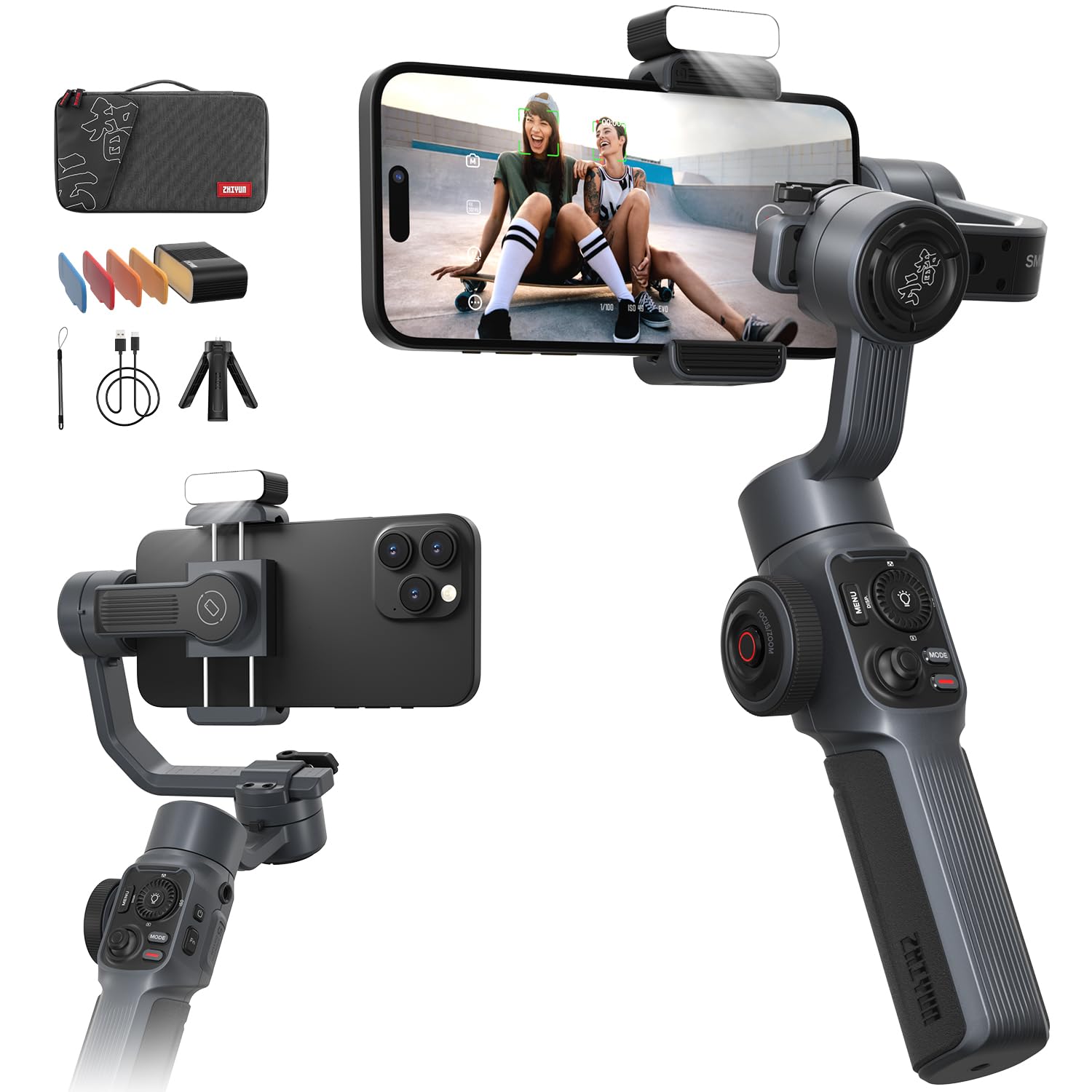 Zhiyun Smooth 5 Combo 3-Axis Smartphone Gimbal Stabilizer with Tripod Grip & Magnetic Fill Light - AI Face Tracking for iPhone Android FiLMiC Pro - Perfect for Vlogging, Live Streaming & Content Creation