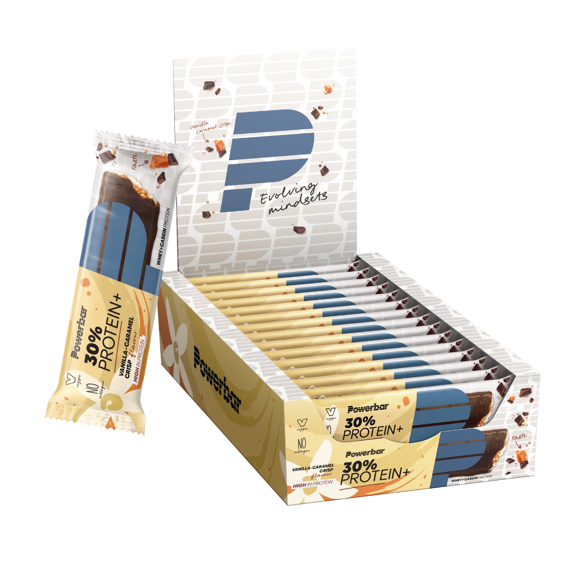 PowerBar Protein Plus Bar - Vanilla Caramel Crisp (15 Pack, 55g Each) | High Protein Snack with Whey & Casein | 30% Protein | Collagen-Free | Perfect for Gym, Hiking & Post-Workout Recovery