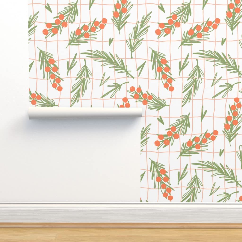 Peel & Stick Removable Wallpaper - 9ft x 2ft Green Leaves with Orange Berries Summer Grid Pattern | Self-Adhesive Wall Decal for Bedroom, Living Room, Nursery & Office Decor