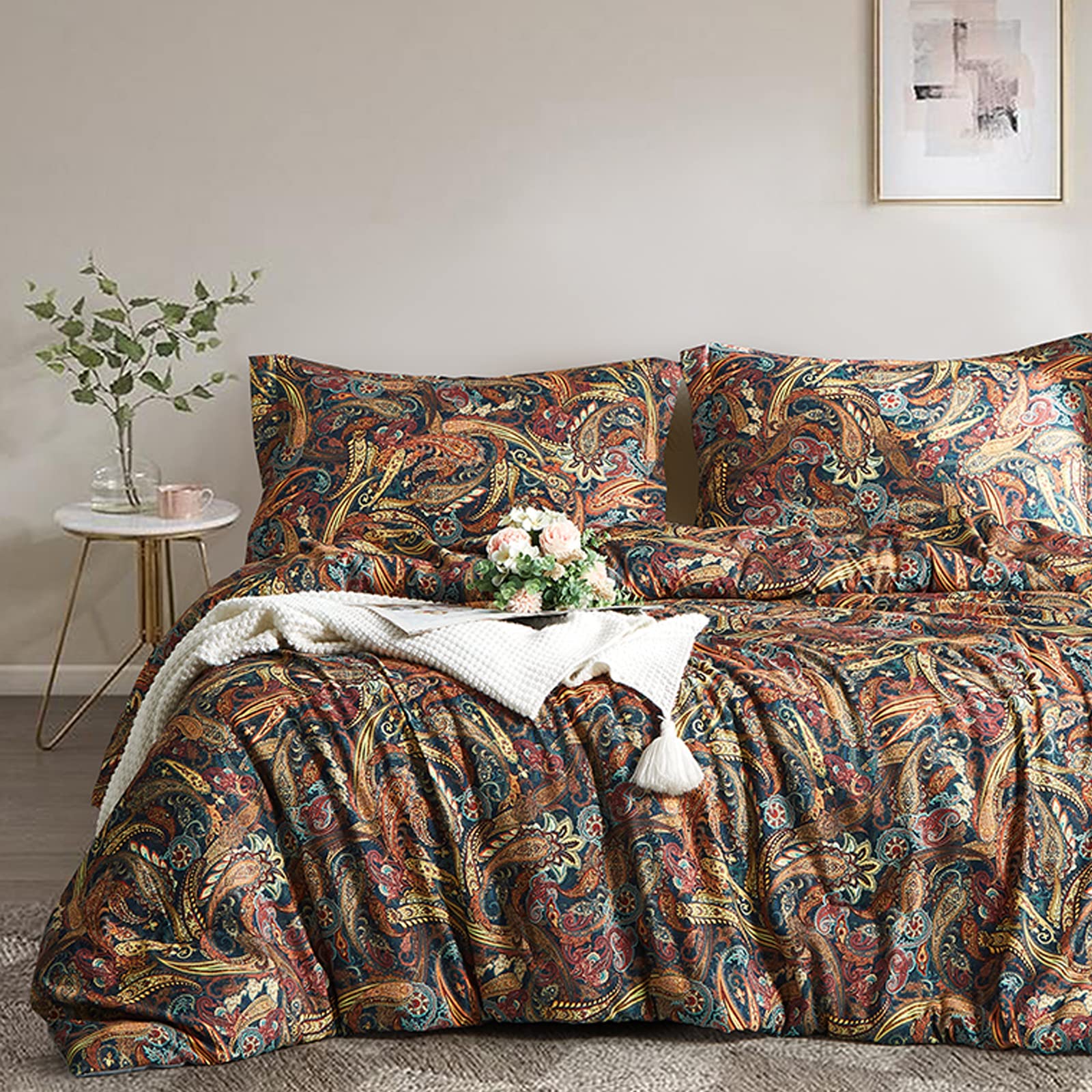 Ikawaapurry Floral Queen Size Comforter Set - 3 Piece Boho Paisley Bedding with 2 Pillow Shams | Lightweight All-Season Fluffy Comforter with Flower & Plant Design | Perfect for Master Bedroom, Guest Room & Bohemian Home Decor
