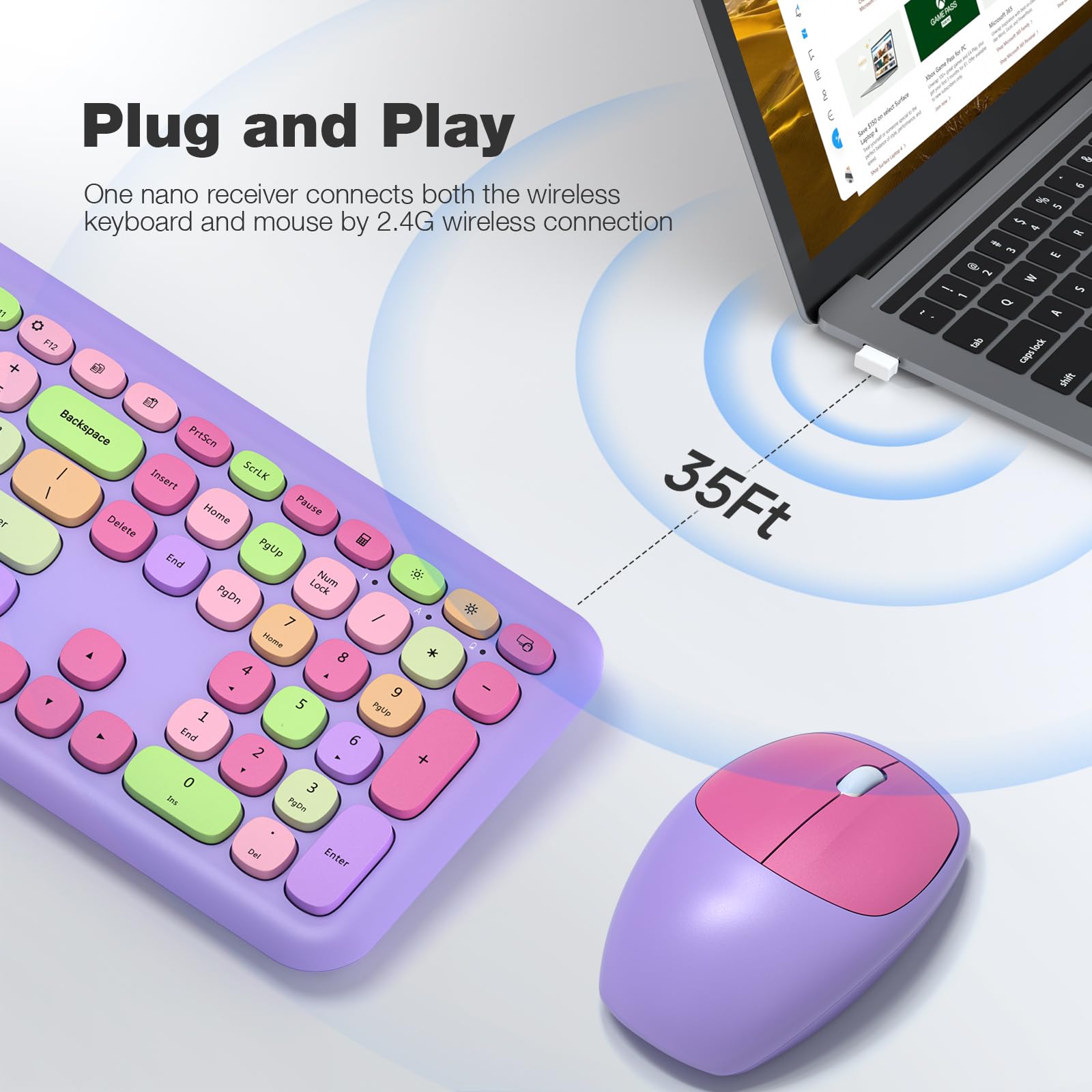 MOFII Wireless Keyboard and Mouse Combo - 2.4G Silent Slim Full-Size Ergonomic Set for PC, Laptop, MacBook (Purple) | Perfect for Home Office, Gaming & Productivity Workstations