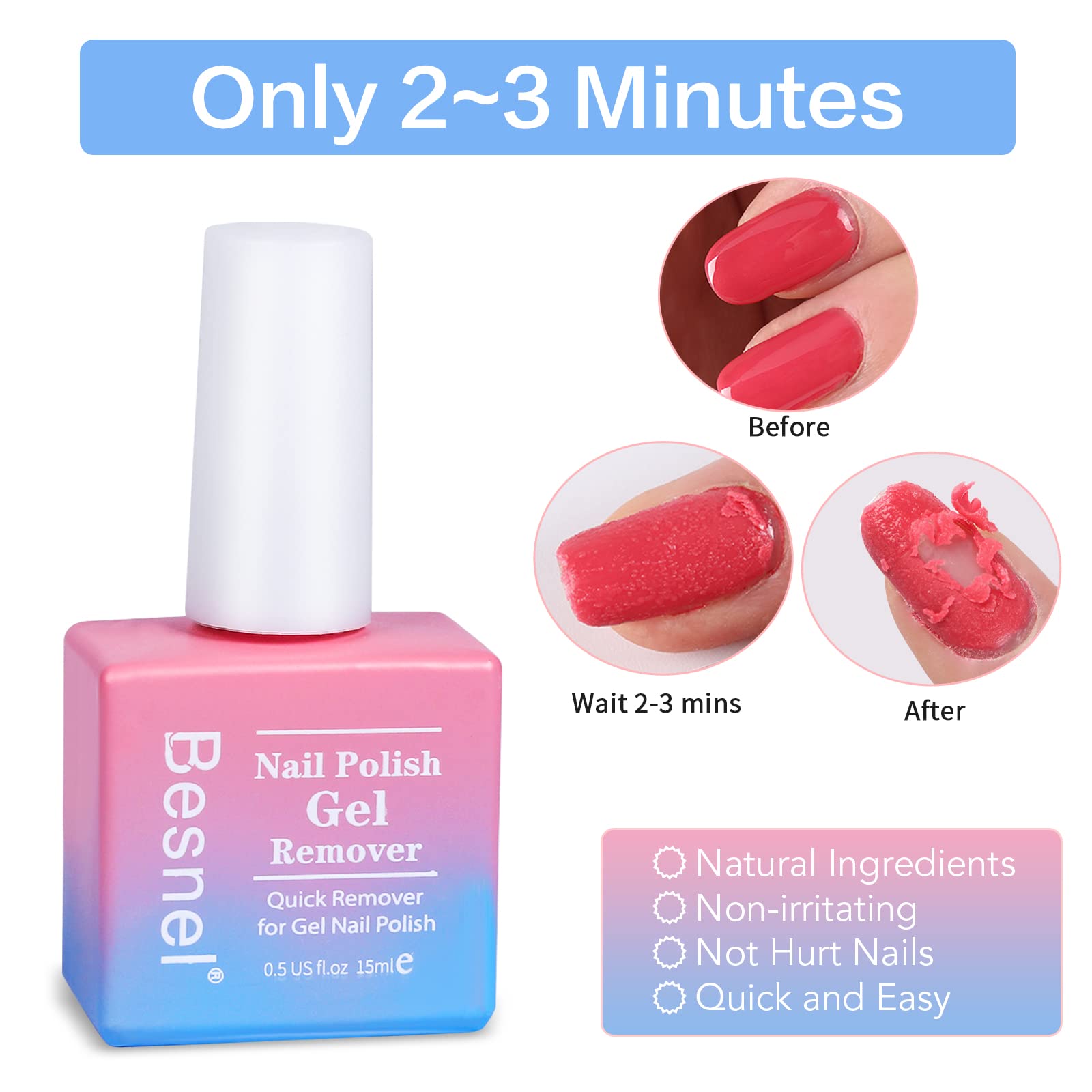 Professional 5-Pack Gel Nail Polish Remover Kit - Non-Irritating, Quick & Easy Nail Polish Removal with Cuticle Pusher & Nail Files (No Foil Soaking Needed) - Perfect for Salon & At-Home Manicures